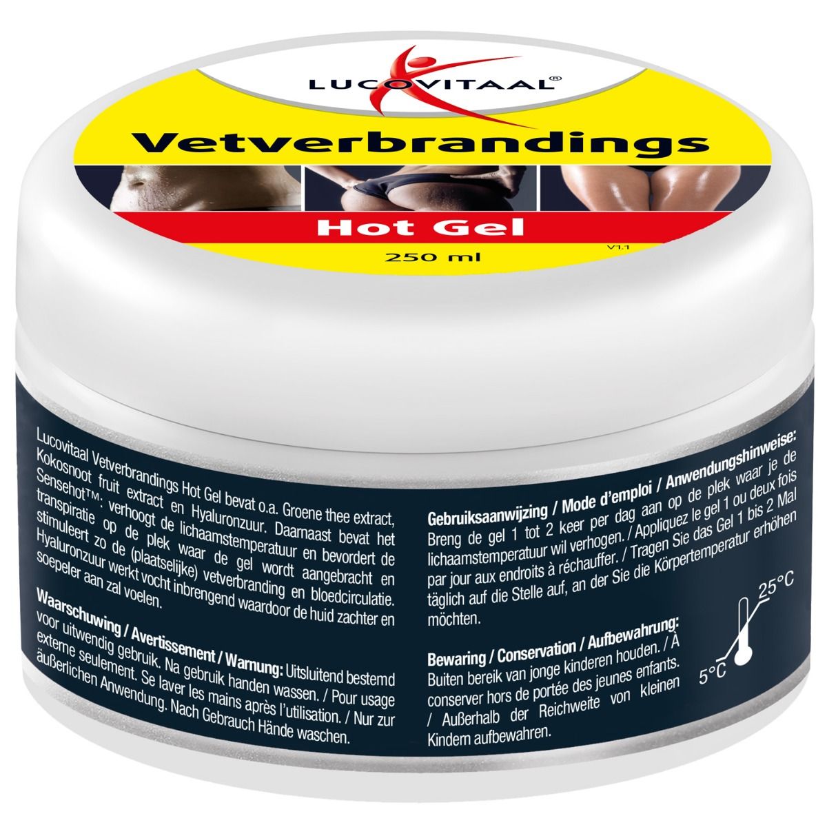 Pot blanc avec couvercle jaune. Inscription : Vetverbrandings Hot Gel. 250 ml. Mode d'emploi et avertissements.
