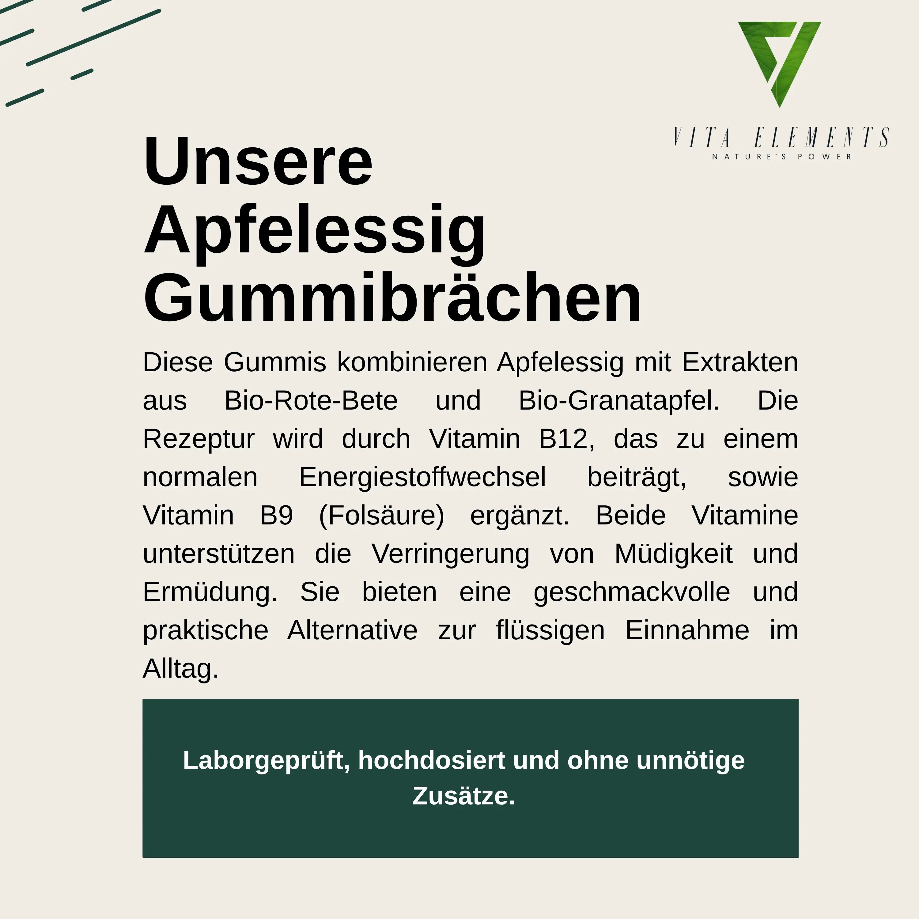Tekstvak met informatie over appelcidergummies, vitamines en ingrediënten.