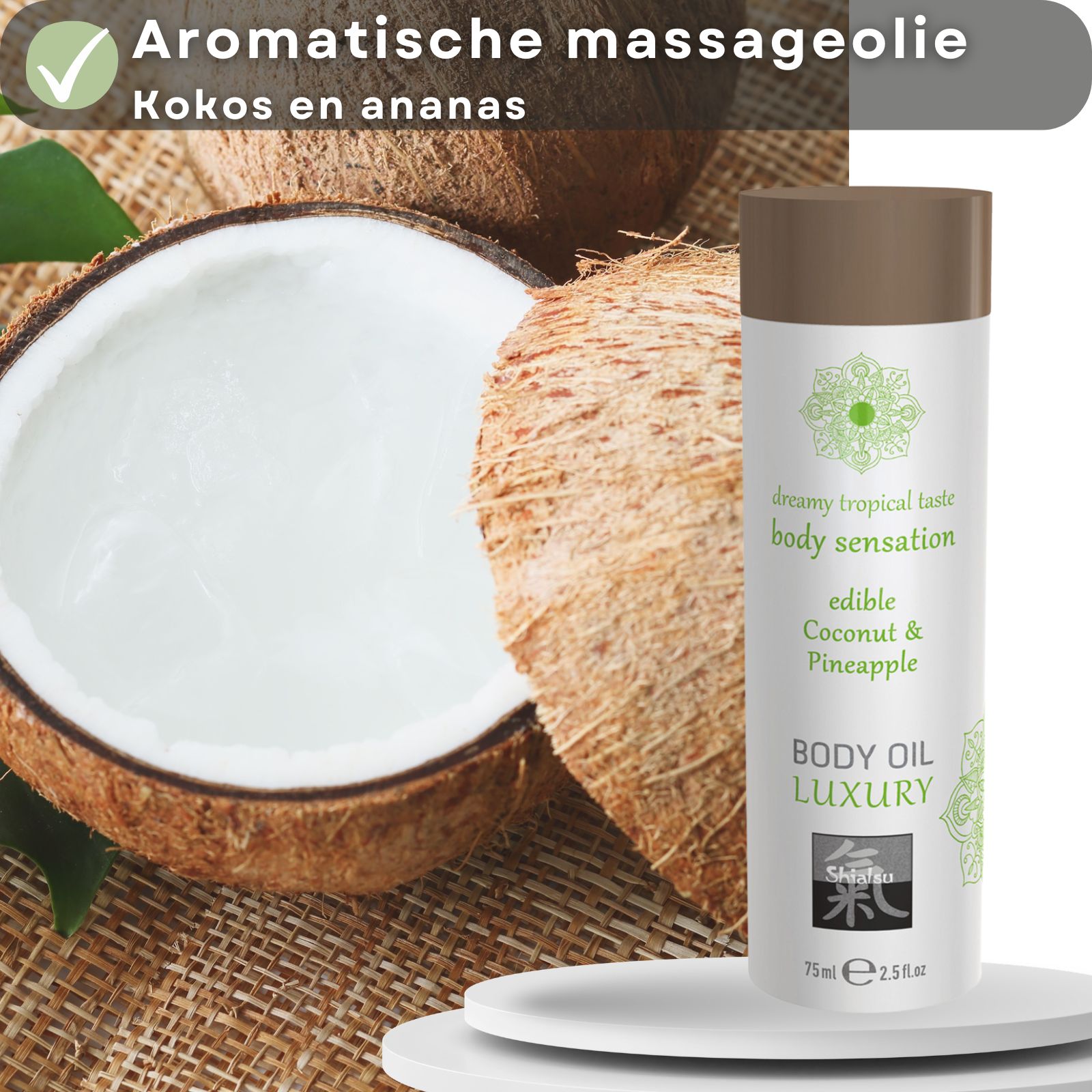 Fles Shiatsu massageolie met kokos-ananasgeur, op waterbasis.