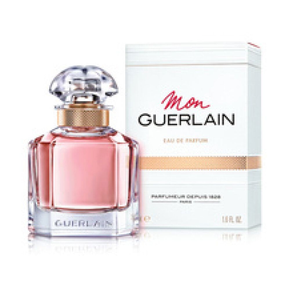 Flacon de parfum rose avec bouchon transparent et boîte blanche avec texte rouge. Marque Guerlain visible.