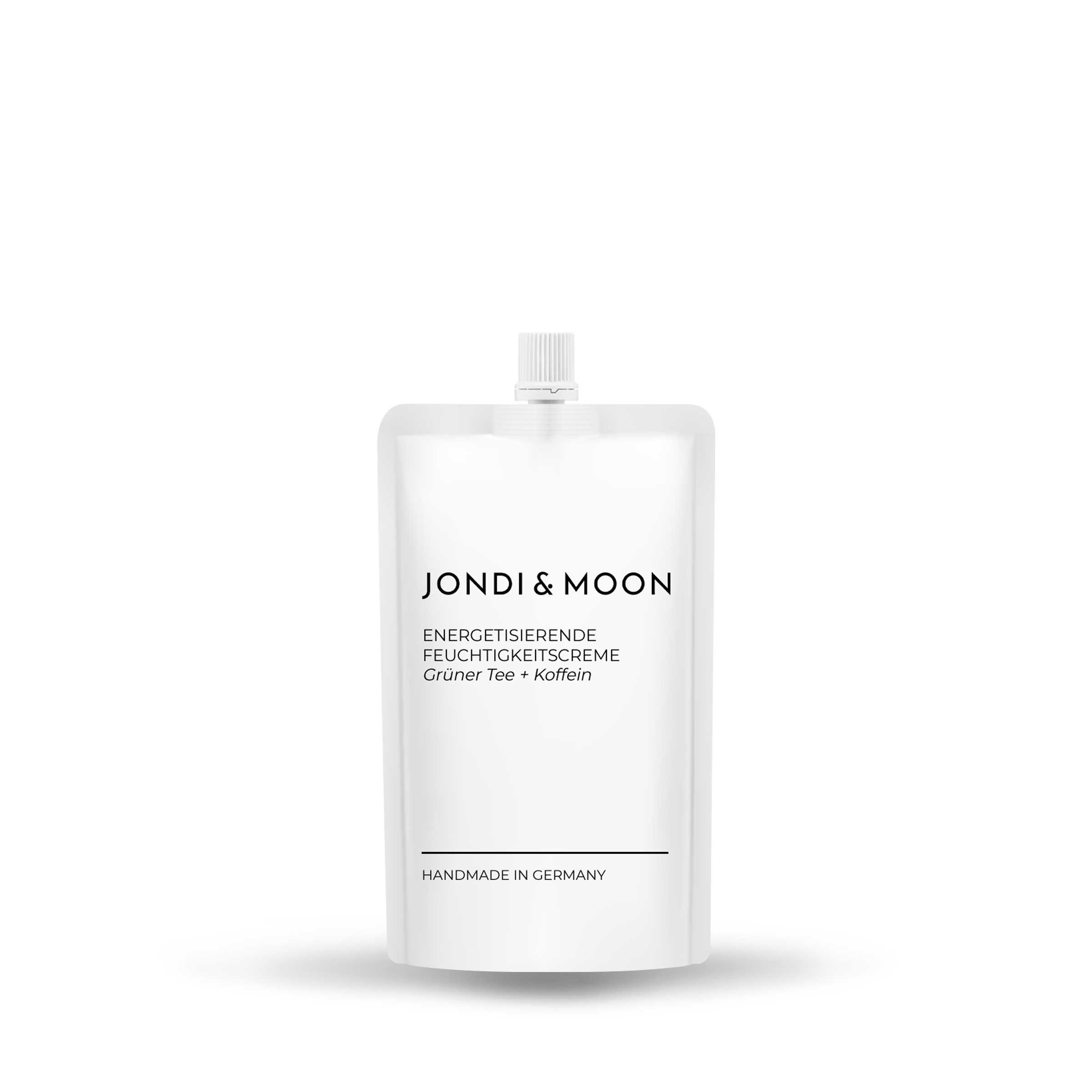 Witte navulverpakking met tekst JONDI & MOON. Energetische vochtinbrengende crème, groene thee + cafeïne. Handmade in Germany.