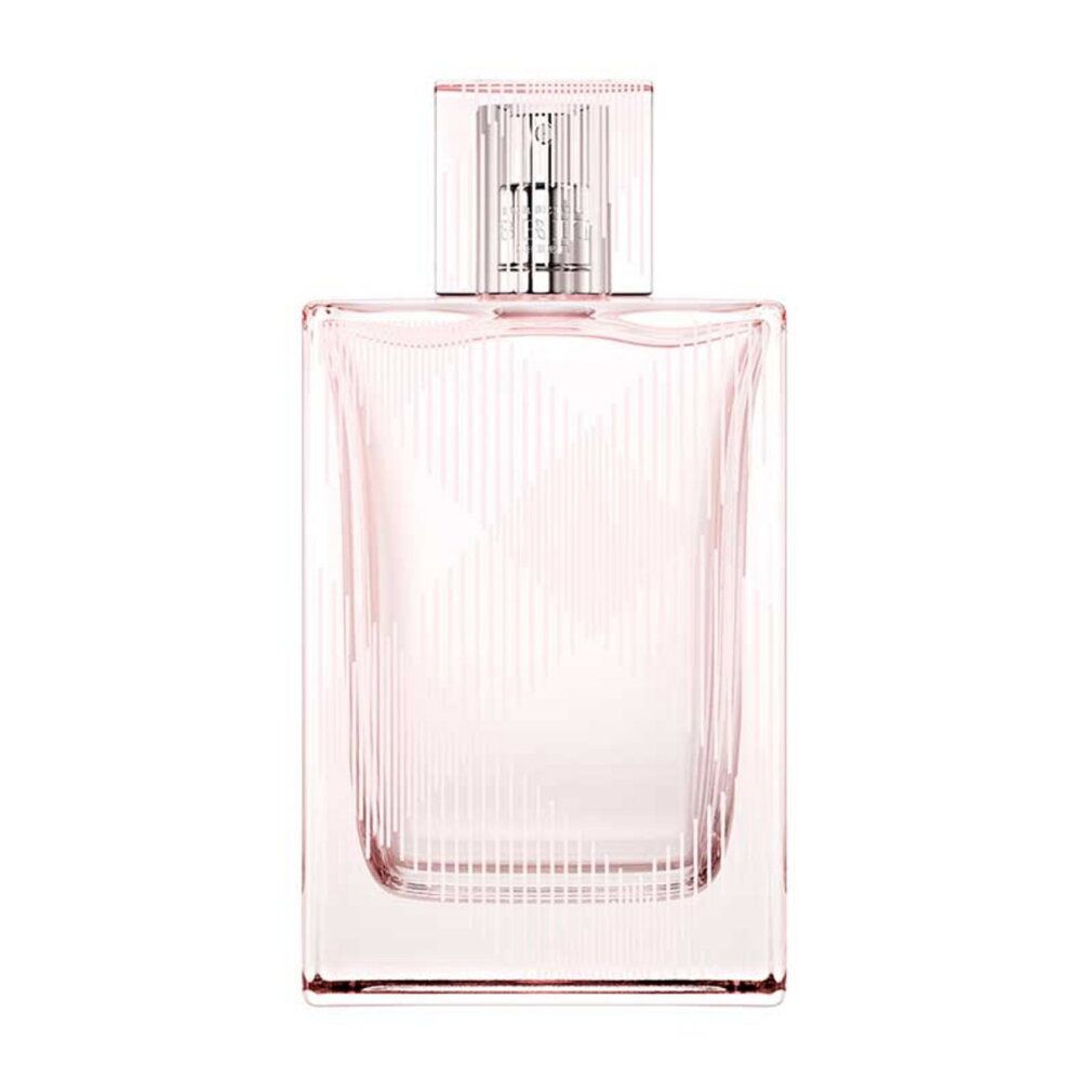 Flacon de parfum Burberry Brit Sheer, liquide rose pâle, rayures verticales.