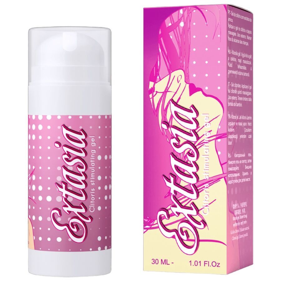 Gel stimulant Extasia pour le clitoris, flacon et boîte de 30 ml.