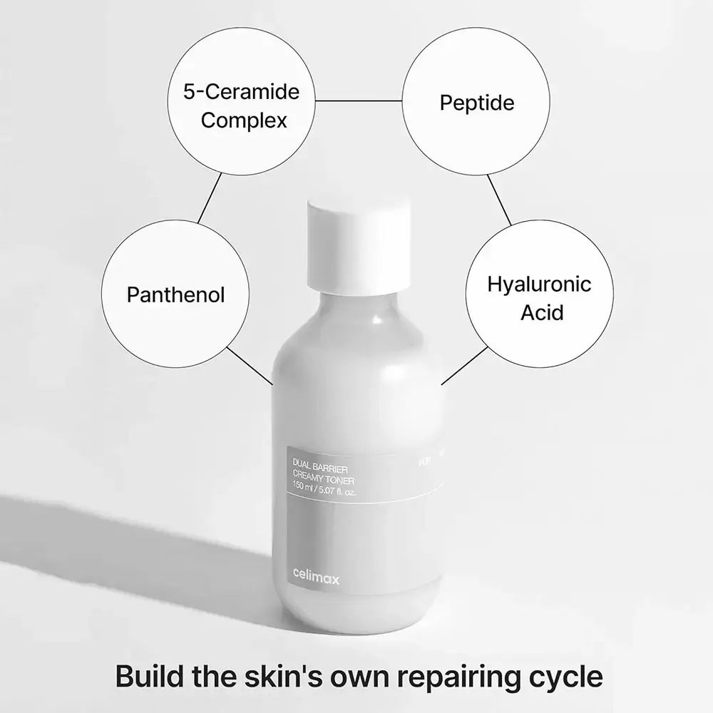 Flacon blanc avec bouchon blanc. Inscription: Dual Barrier Creamy Toner. Cercles supplémentaires avec ingrédients.