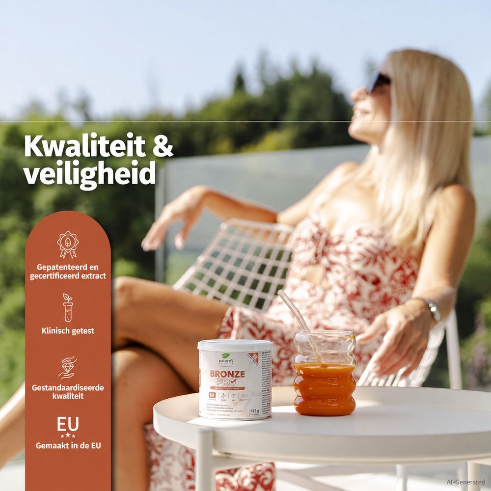 Vrouw zit buiten met een glas drank naast een pot Nature's Finest Bronze Pro.
