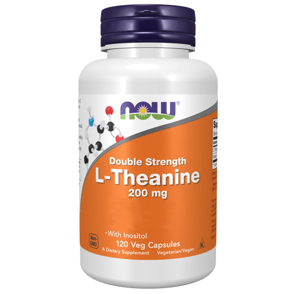 Witte fles met blauwe dop. Opschrift: L-Theanine 200 mg, 120 vegicapsules. Merk: NOW.