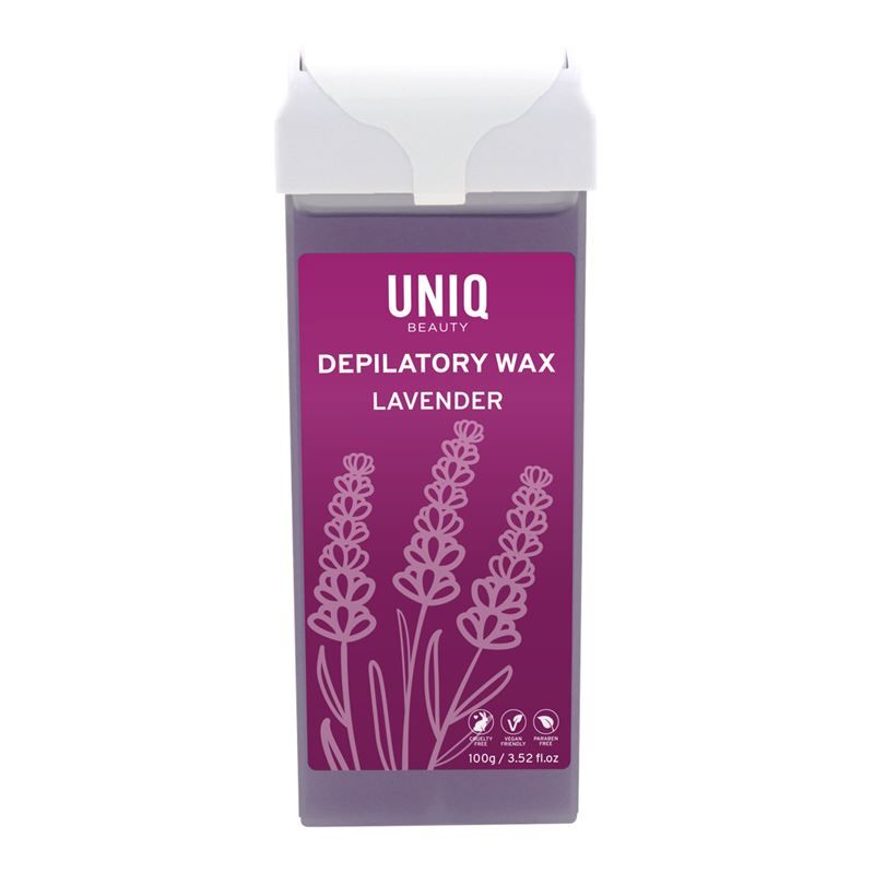 Cartouche de cire dépilatoire UNIQ Lavendel. Récipient de cire violet avec couvercle blanc. Étiquette avec nom et illustration de lavande.