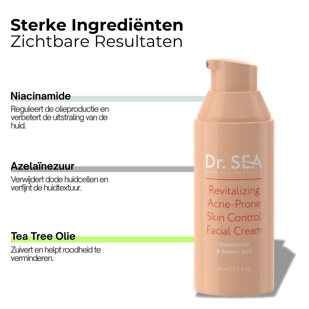Crèmetube met tekst. Tekst: Niacinamide, azelaïnezuur, Tea Tree Olie. Opschrift: DR. SEA.
