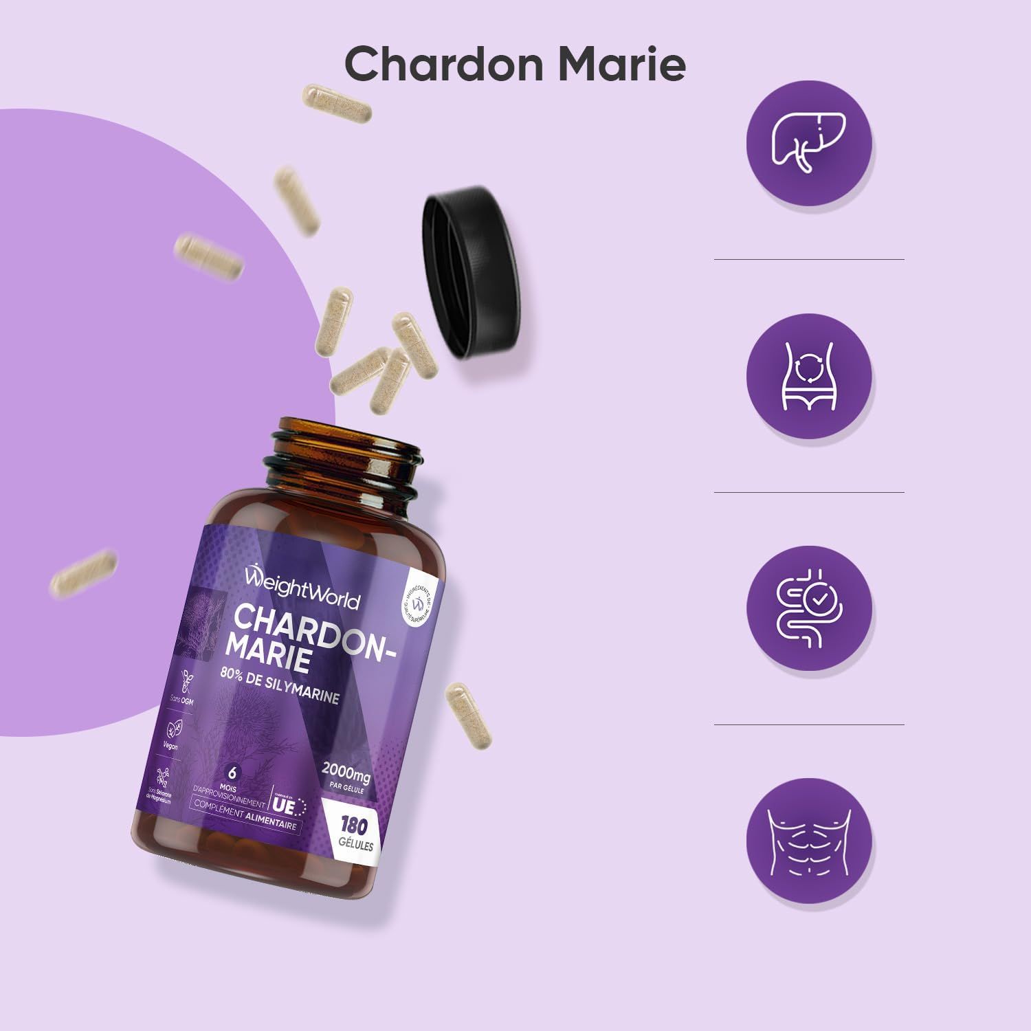 Bouteille brune avec des gélules de chardon-marie, 80% de silymarine, 2000mg, 180 gélules.