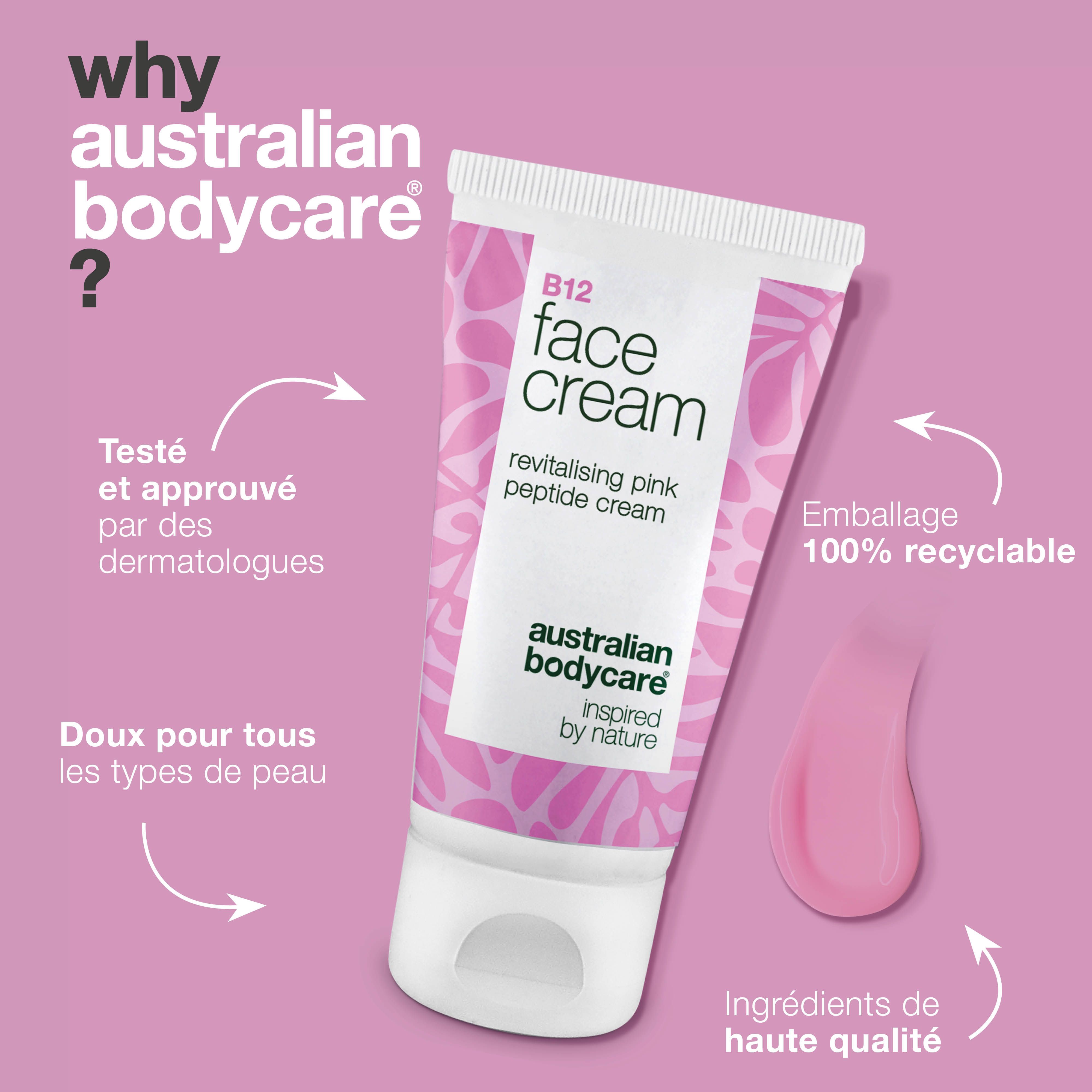 Tube de crème visage B12. Inscription : Face Cream, Australian Bodycare. Texte : Testé, emballage 100% recyclable, etc. Gouttes roses.
