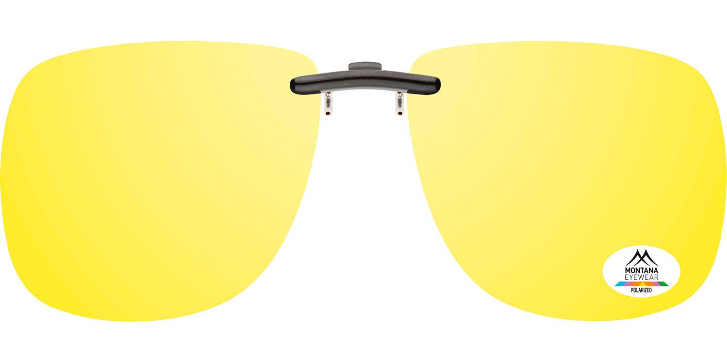 Clip-on solaire jaune. Forme rectangulaire, monture métallique. Logo Montana Eyewear. Fond blanc.
