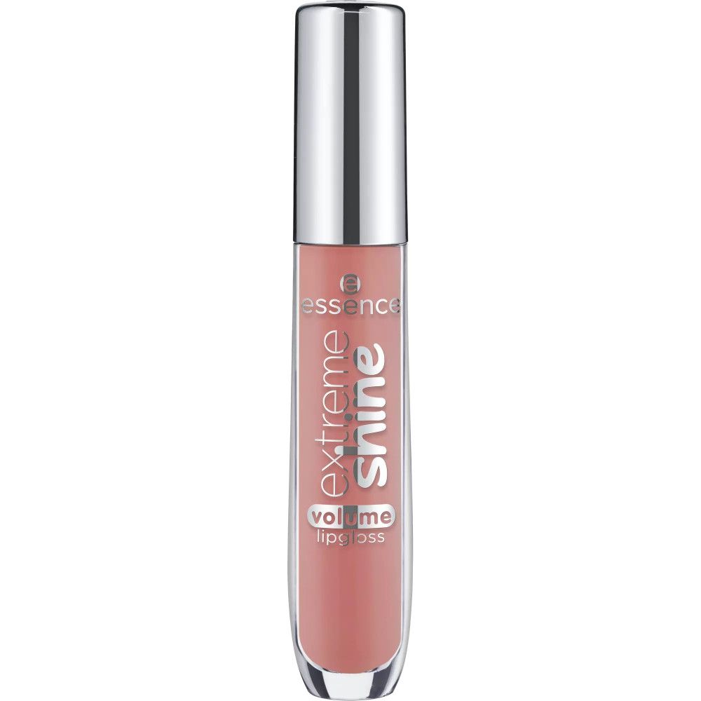 Essence Extreme Shine Volume Lipgloss. Transparante tube met zilveren dop. Roze inhoud. Opschrift: Extreme Shine, Volume Lipgloss.