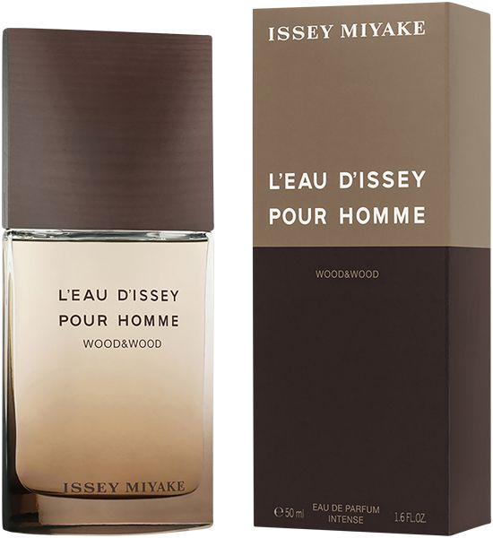 Flacon et emballage. Inscription : L'EAU D'ISSEY POUR HOMME WOOD&WOOD. Marque : Issey Miyake. Volume : 50 ml.