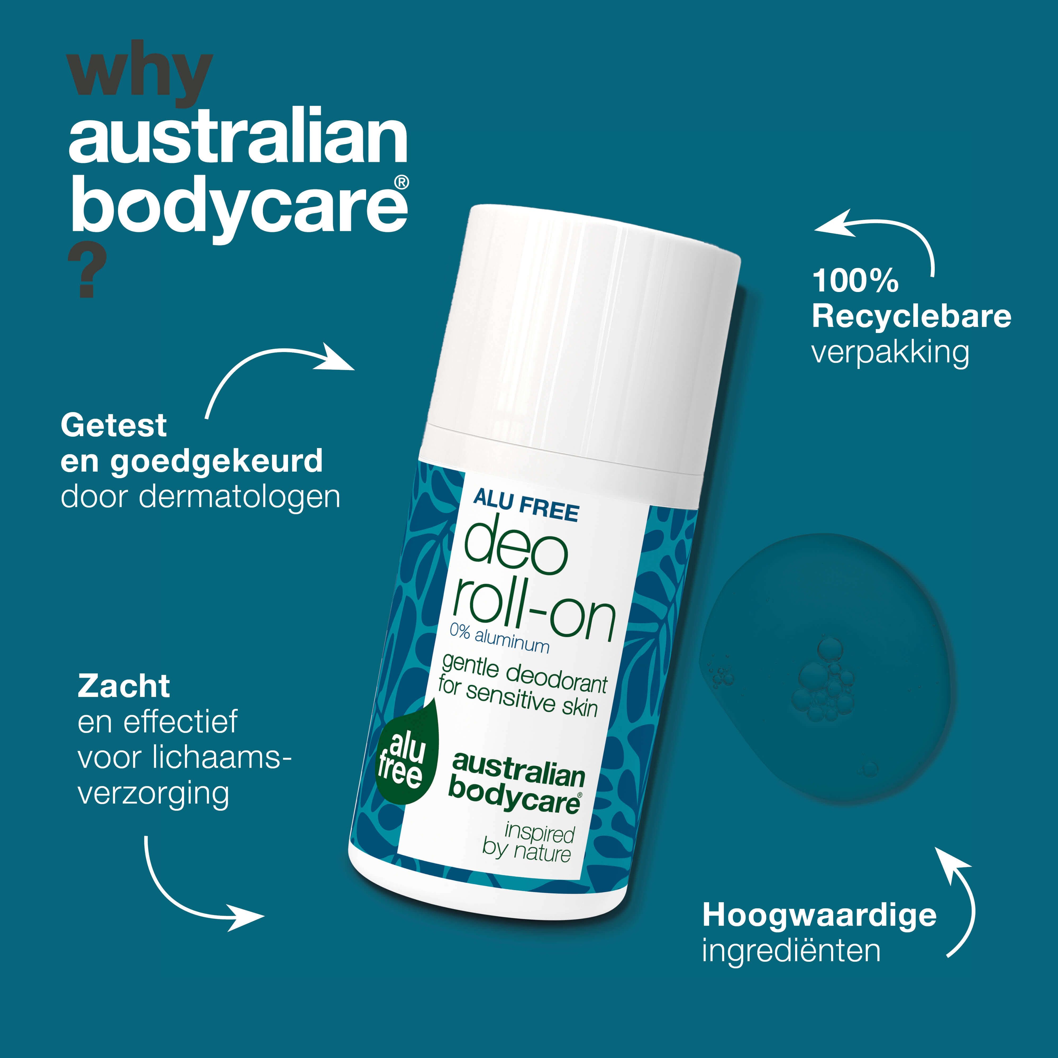 Deo Roll-on, tekst: Dermatologisch getest, zacht en effectief, hoogwaardige ingrediënten, 100% recyclebare verpakking.