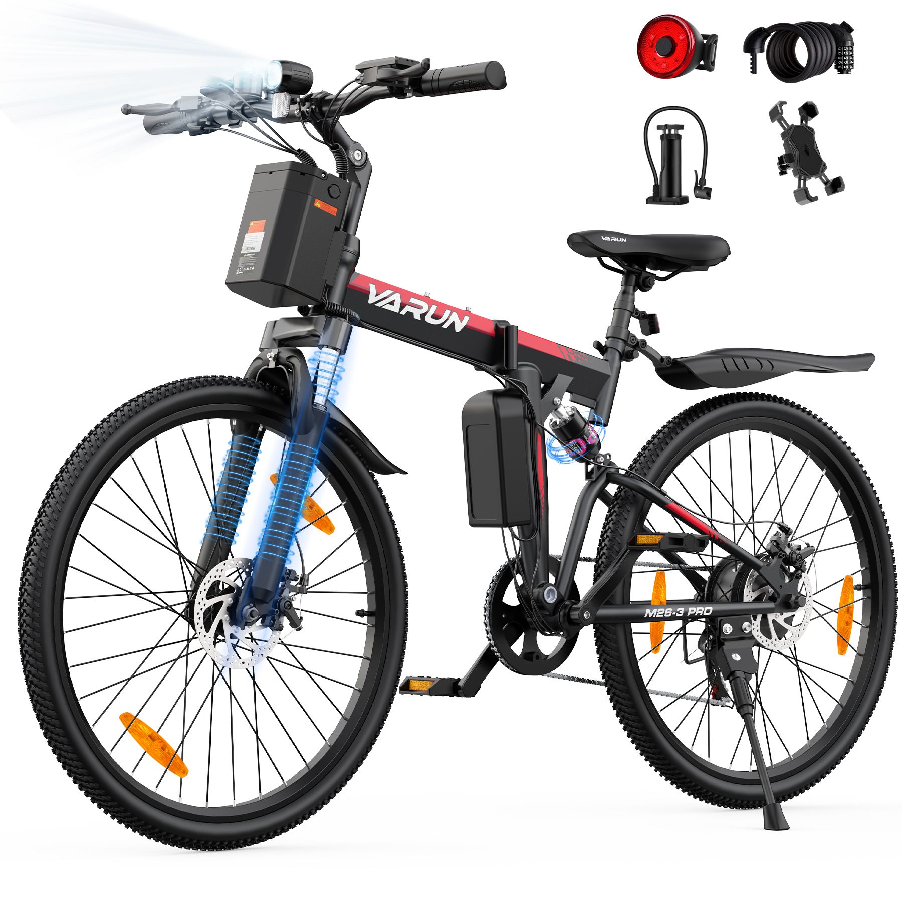 Vélo électrique avec faisceaux lumineux. Vélo noir avec détails rouges. Logo VARUN visible. Suspension intégrale, freins à disque.