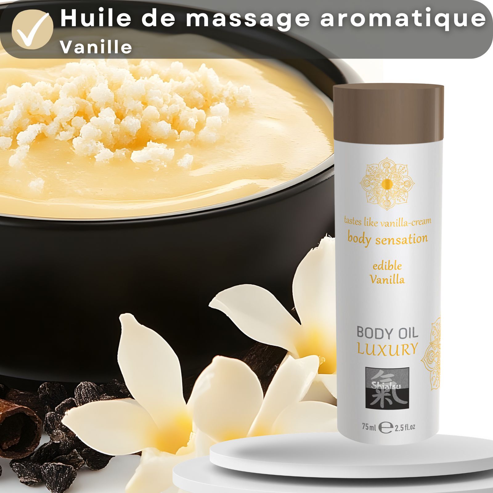 Huile de massage Shiatsu Vanille avec gousses et fleurs de vanille.
