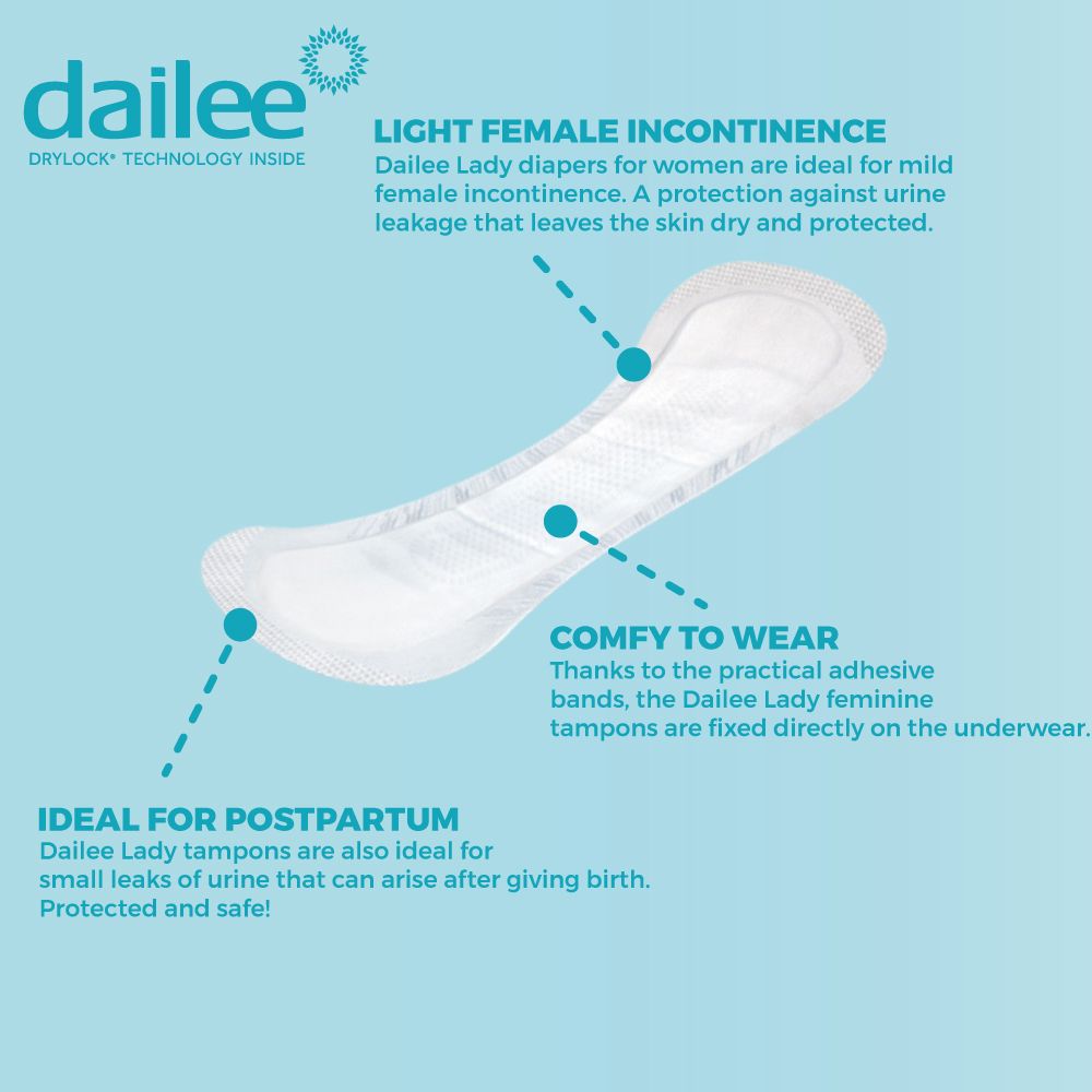 Dailee Lady inlegkruisje. Wit, langwerpig, met blauwe markeringen. Ideaal voor lichte incontinentie en na de bevalling.