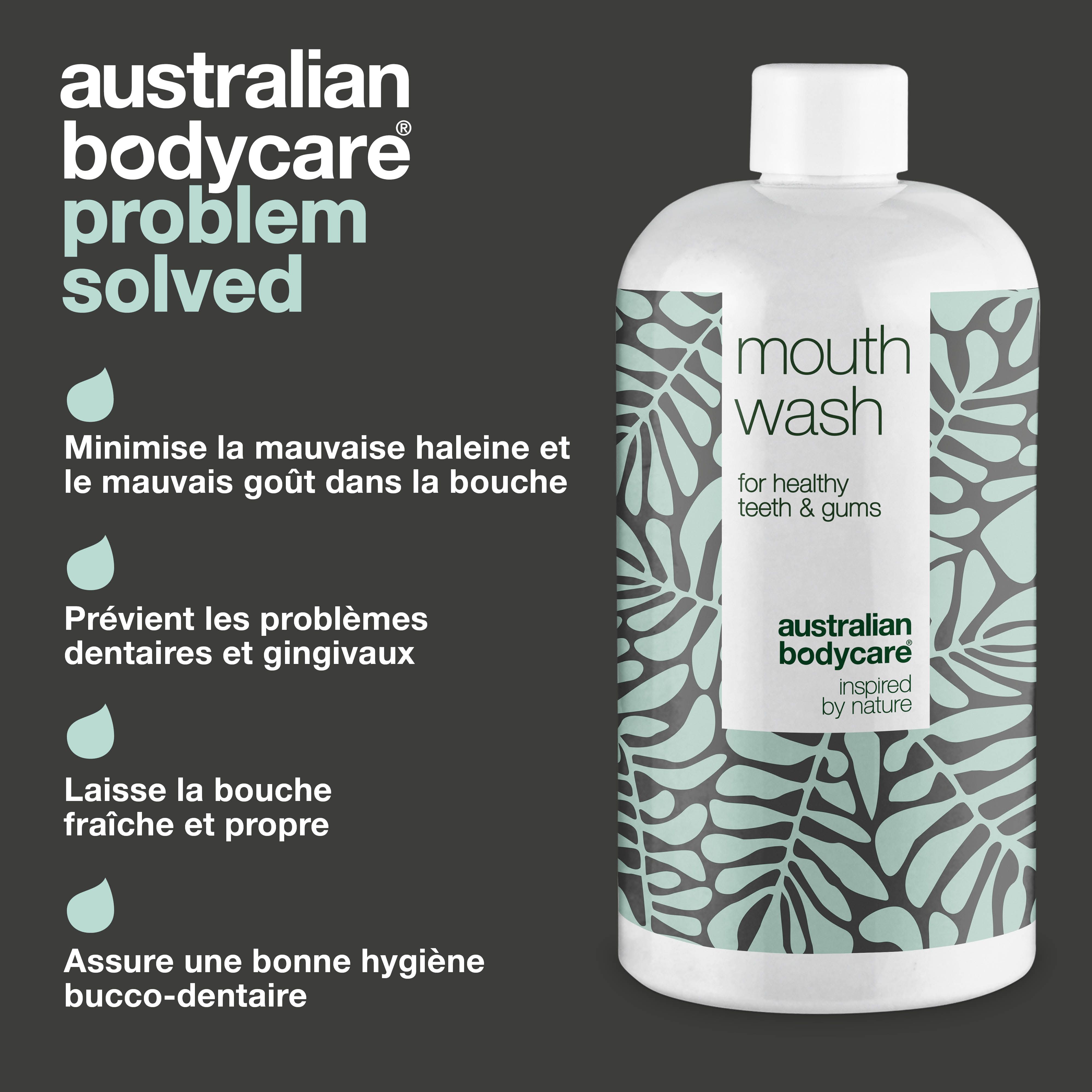 Image avec texte et flacon de bain de bouche. Inscription : Australian Bodycare, problème résolu. Mouth Wash, pour des dents et des gencives saines.