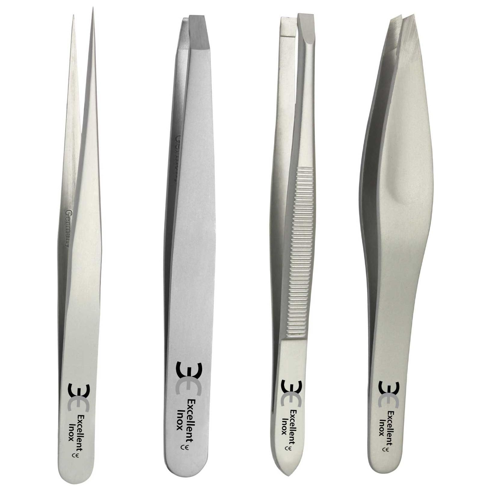 Quatre pinces à épiler en acier inoxydable. Différentes formes de pointes. Marque: Excellent, Inox.
