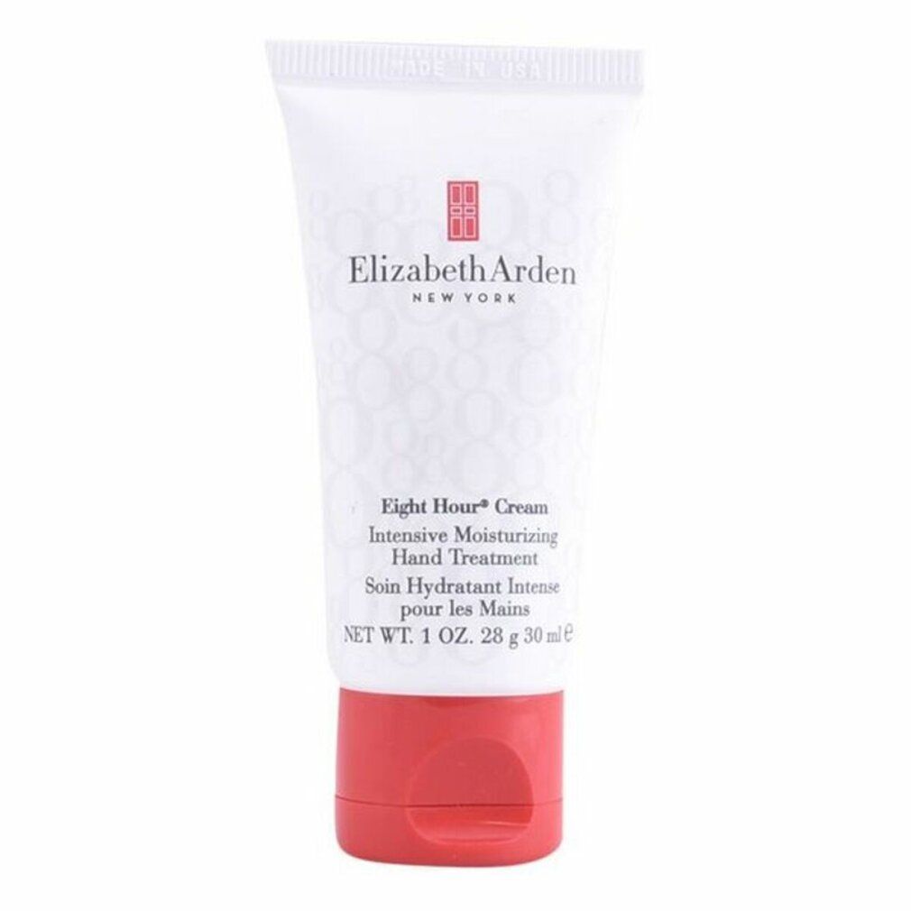 Tube blanche, bouchon rouge. Inscription: Elizabeth Arden, Eight Hour Cream, Soin Hydratant Intense pour les Mains.