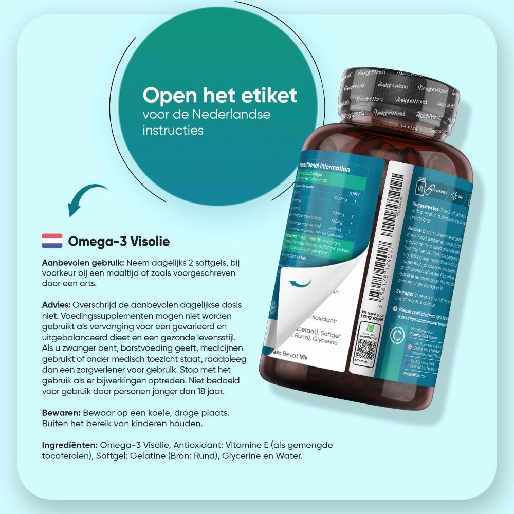 Fles met Omega-3 Visolie. Tekst: Nederlandse instructies. WeightWorld.