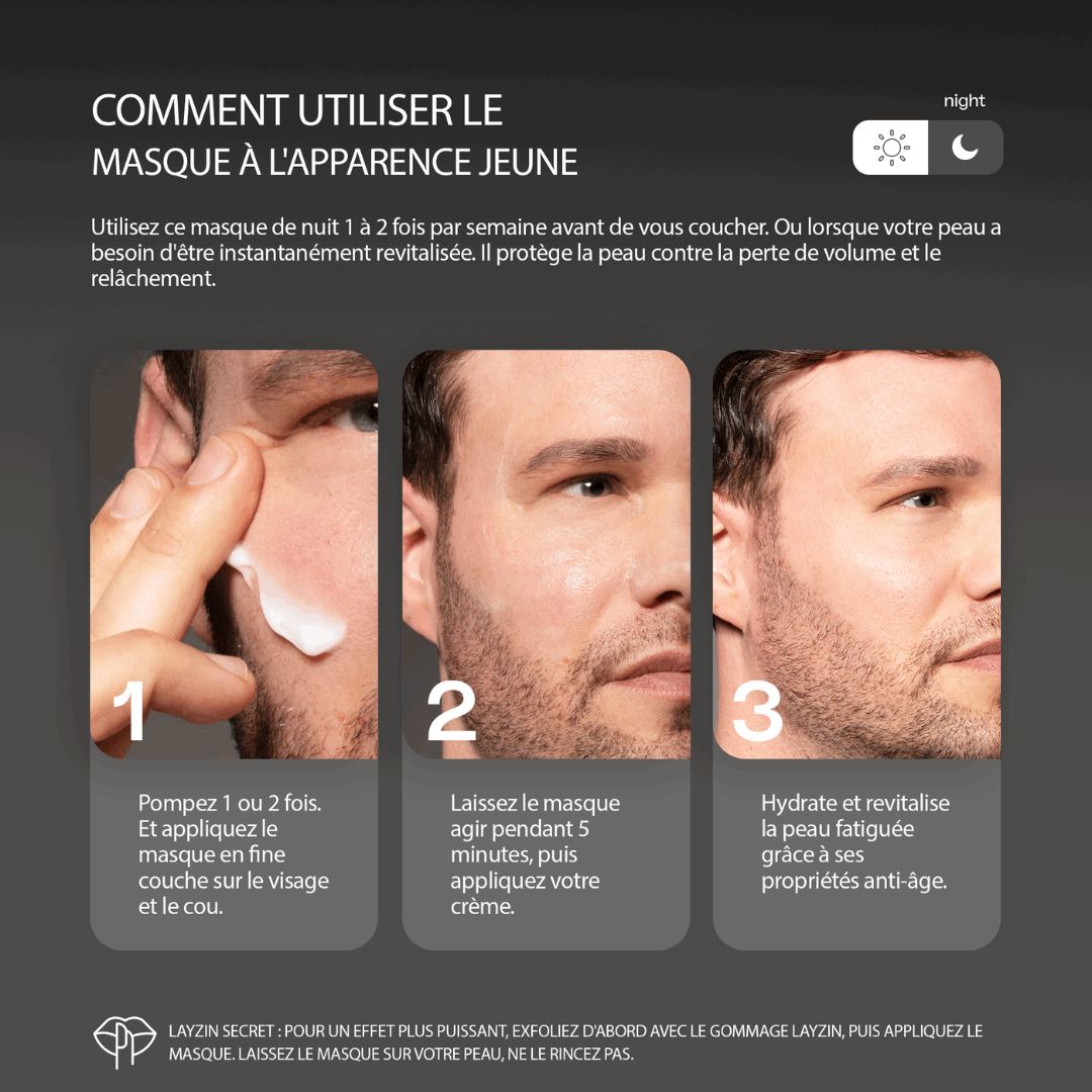 Étapes d'utilisation: 1. Appliquer. 2. Laisser agir 5 minutes. 3. Hydrater. Masque de nuit.