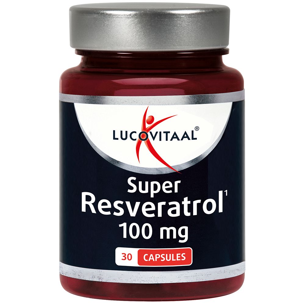 Bruine fles met zilveren dop. 'Lucovitaal' logo en 'Super Resveratrol 100 mg'. 30 capsules. Rode tekst.