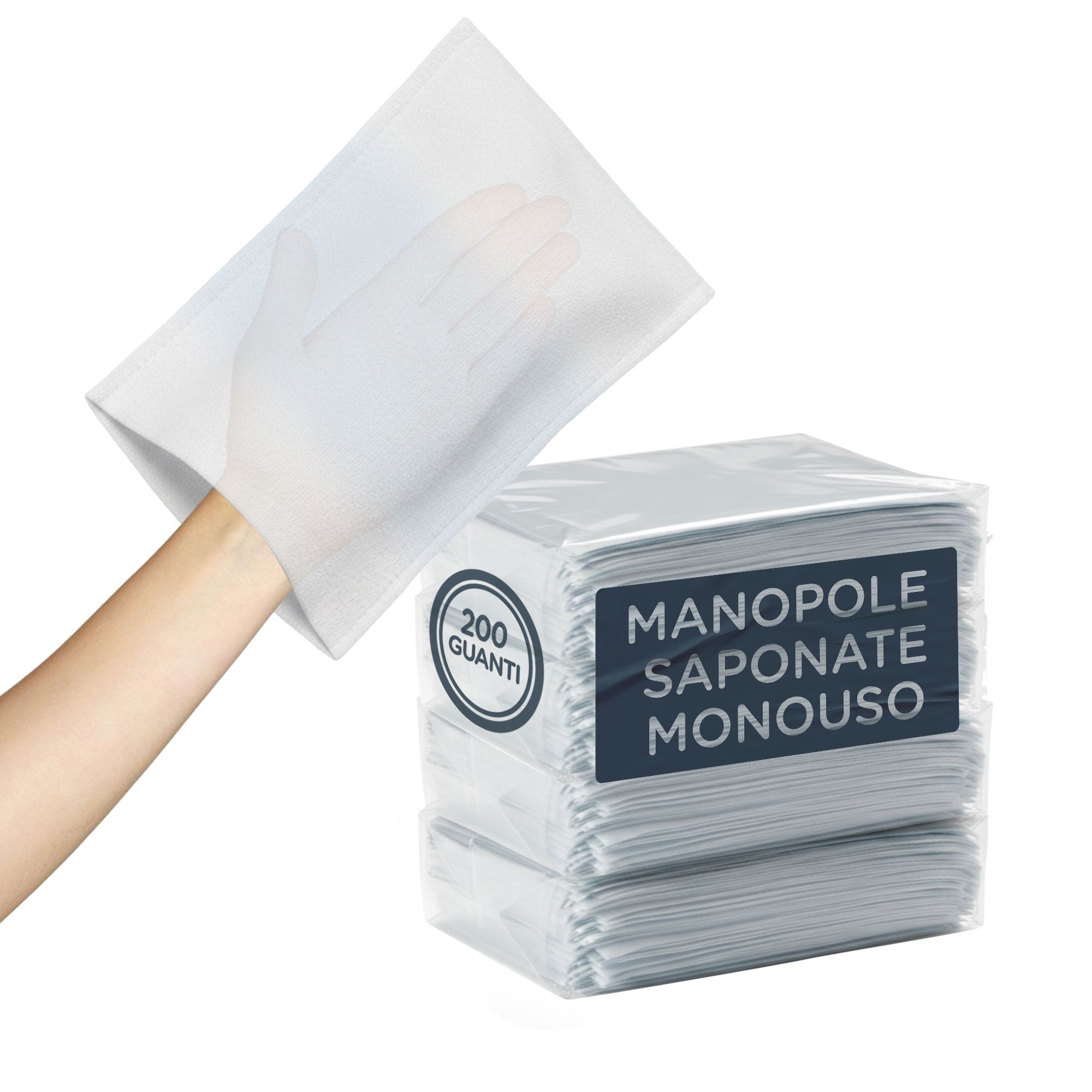 Verpakking met wegwerp washandjes. Eén handschoen wordt door een hand gedragen. Op de verpakking staat "MANOPOLE SAPONATE MONOUSO".