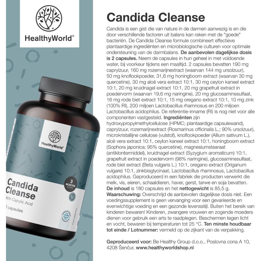 Tekst over Candida Cleanse. Bevat informatie over ingrediënten en gebruik.