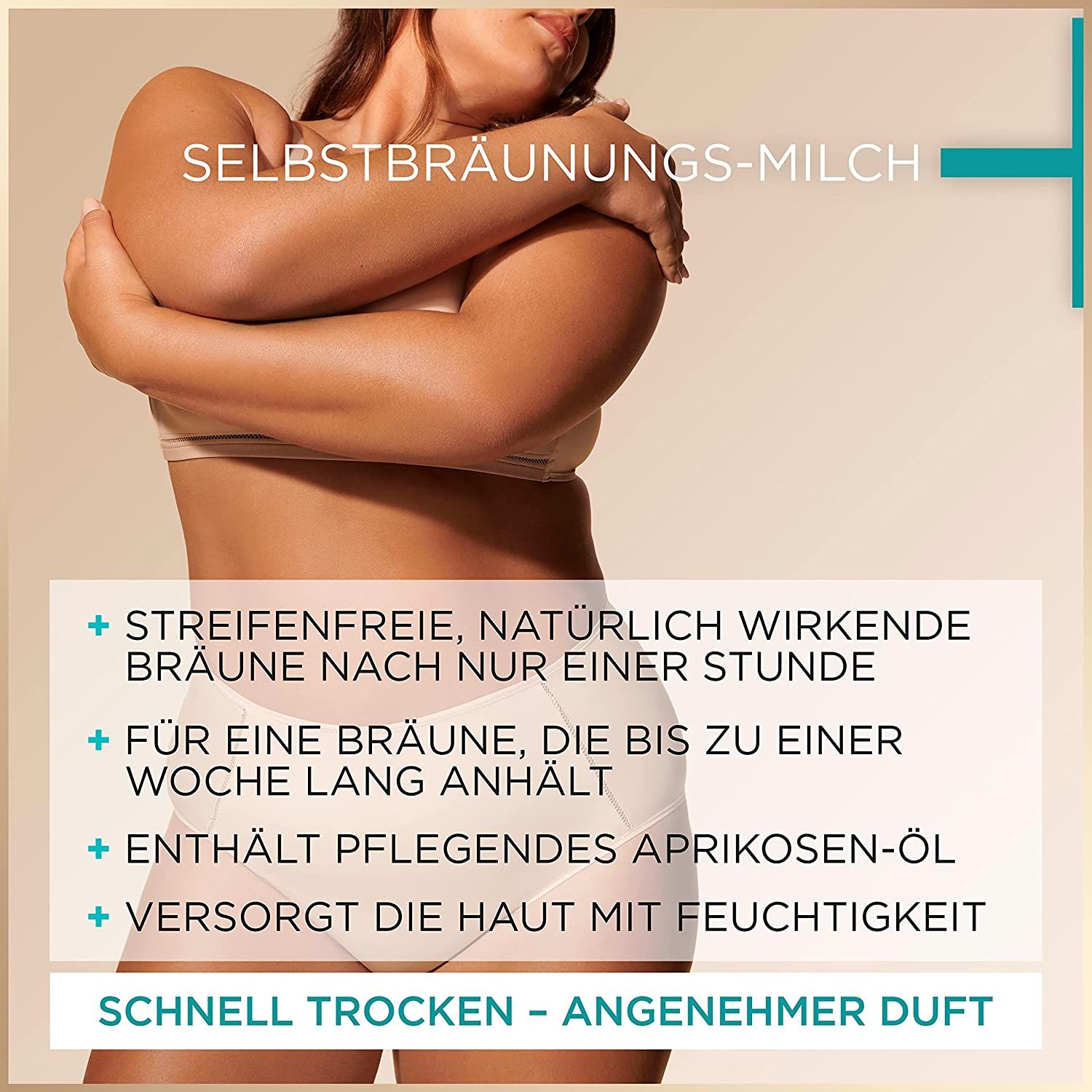 Texte: Selbstbräunungs-Milch. Avantages: bronzage sans traces, en une heure, jusqu'à une semaine, huile d'abricot, hydratation.