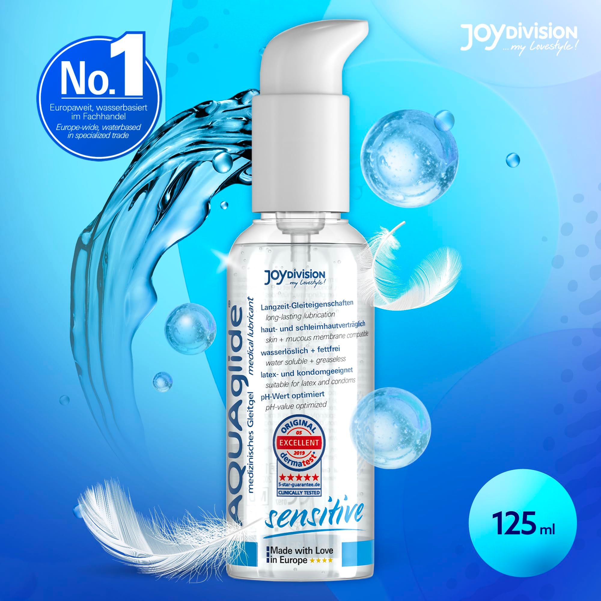 Lubrifiant Joydivision AQUAglide Sensitive, 125 ml, avec sceau 'Original Excellent'.