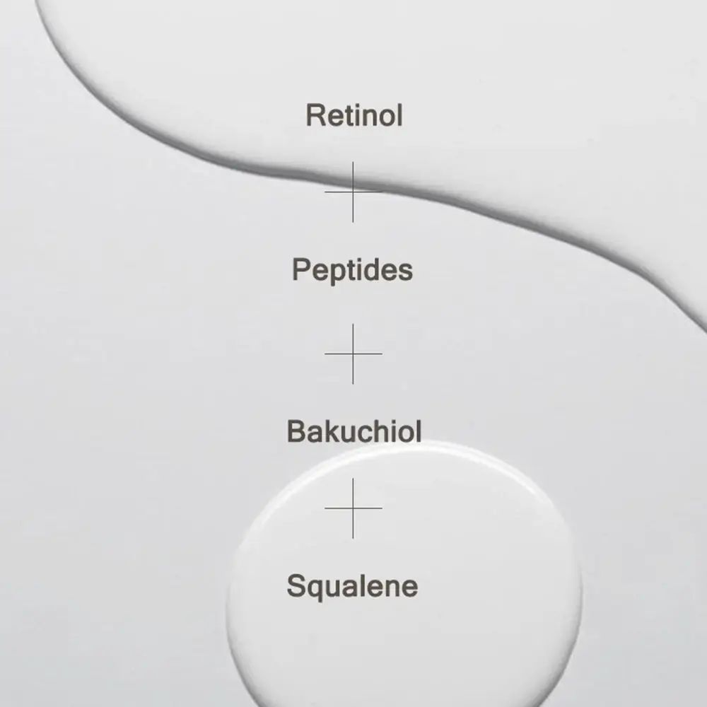 Grafische weergave van ingrediënten: Retinol, Peptiden, Bakuchiol, Squalaan.