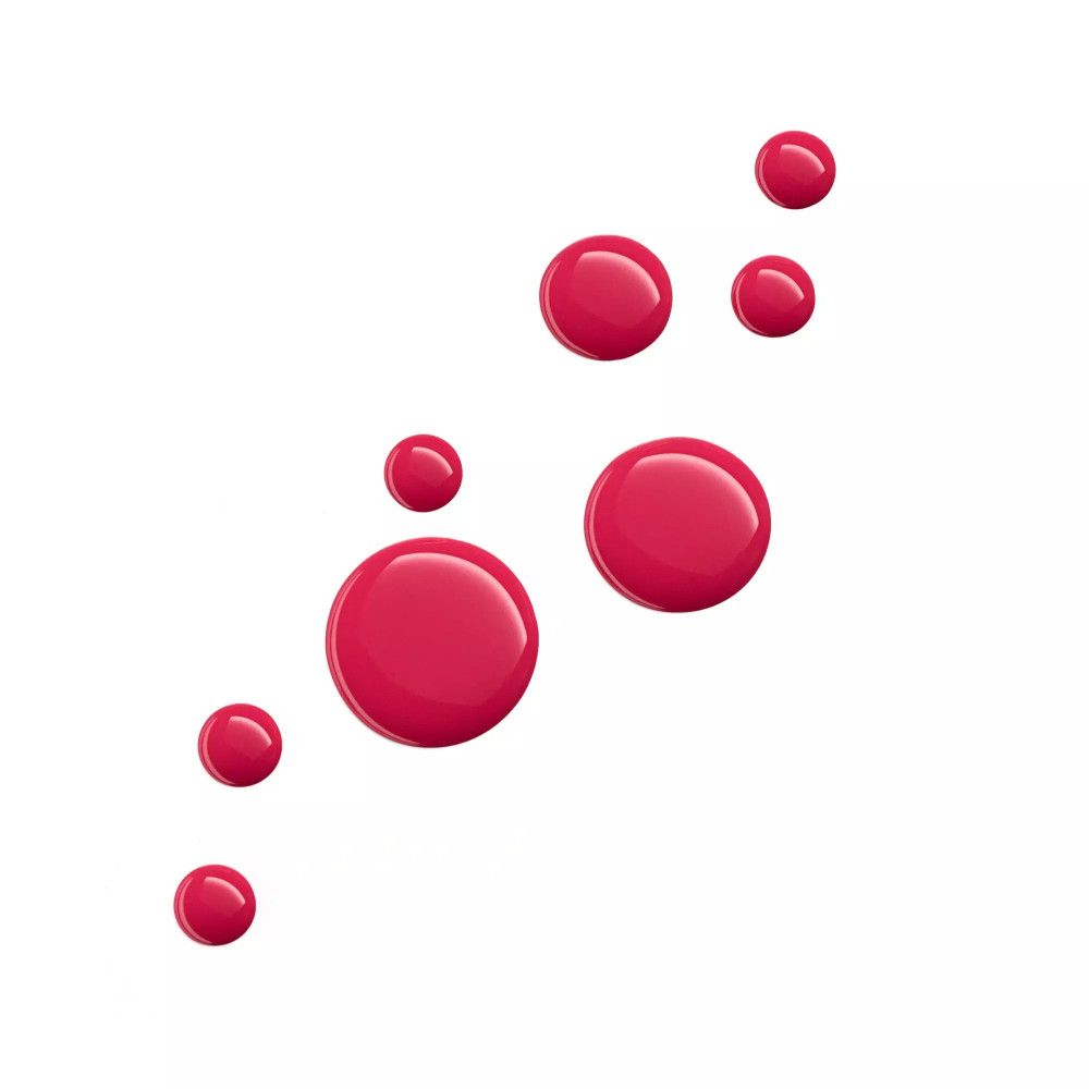 Sept gouttes de vernis à ongles roses sur fond blanc.