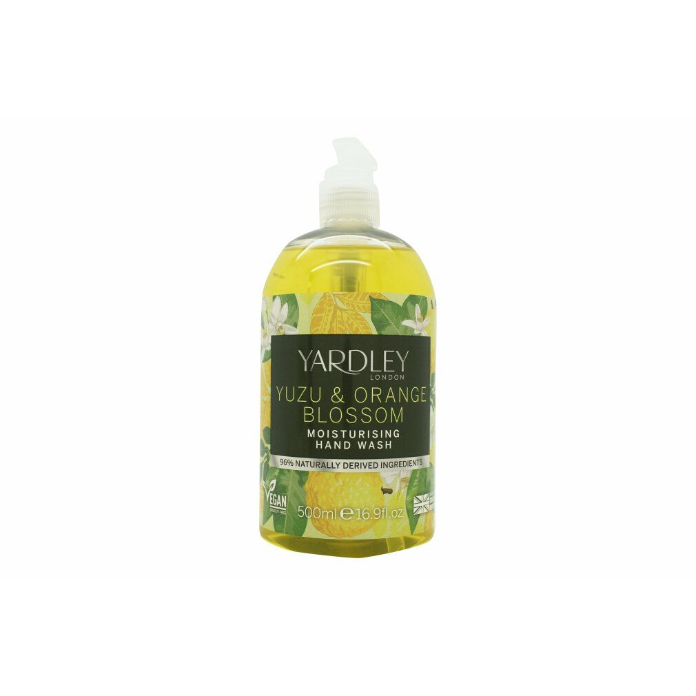 Flacon de savon liquide. Étiquette: Yuzu & Orange Blossom, Hand Wash. Vegan. 500ml.