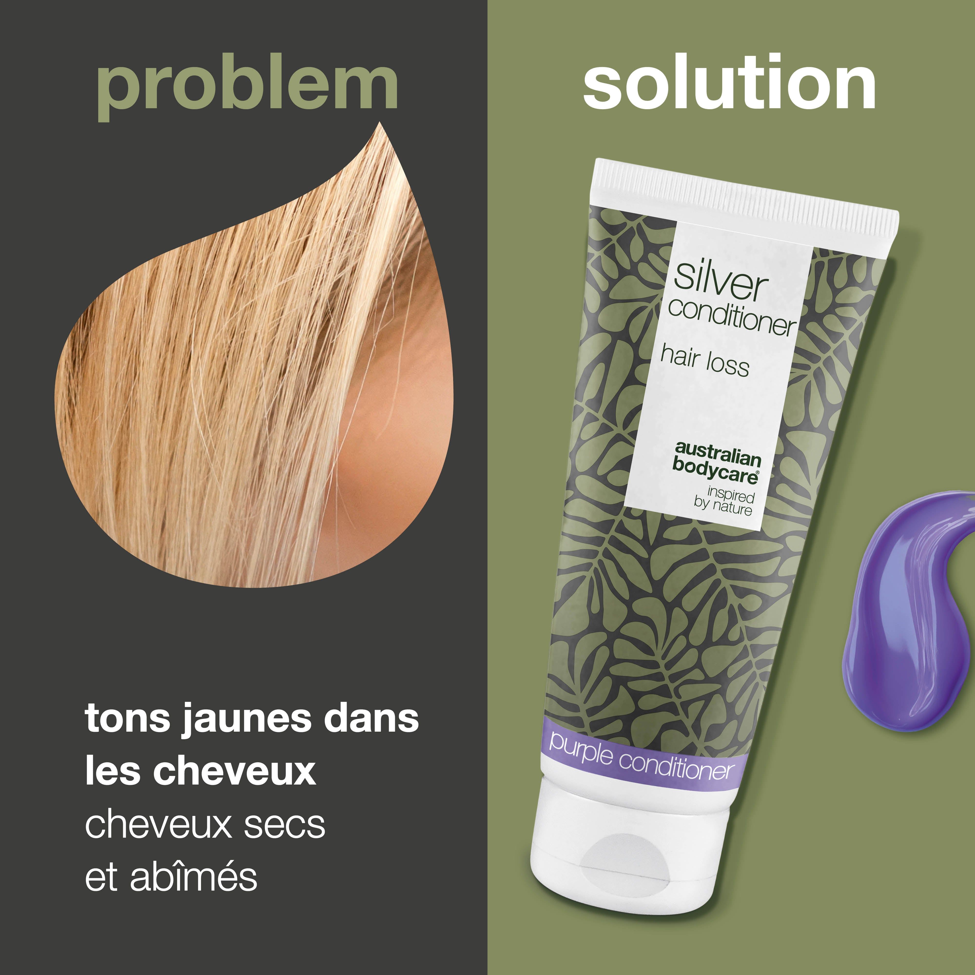 Mèche de cheveux et tube de revitalisant. Texte : Silver Conditioner, perte de cheveux. Marque : Australian Bodycare.