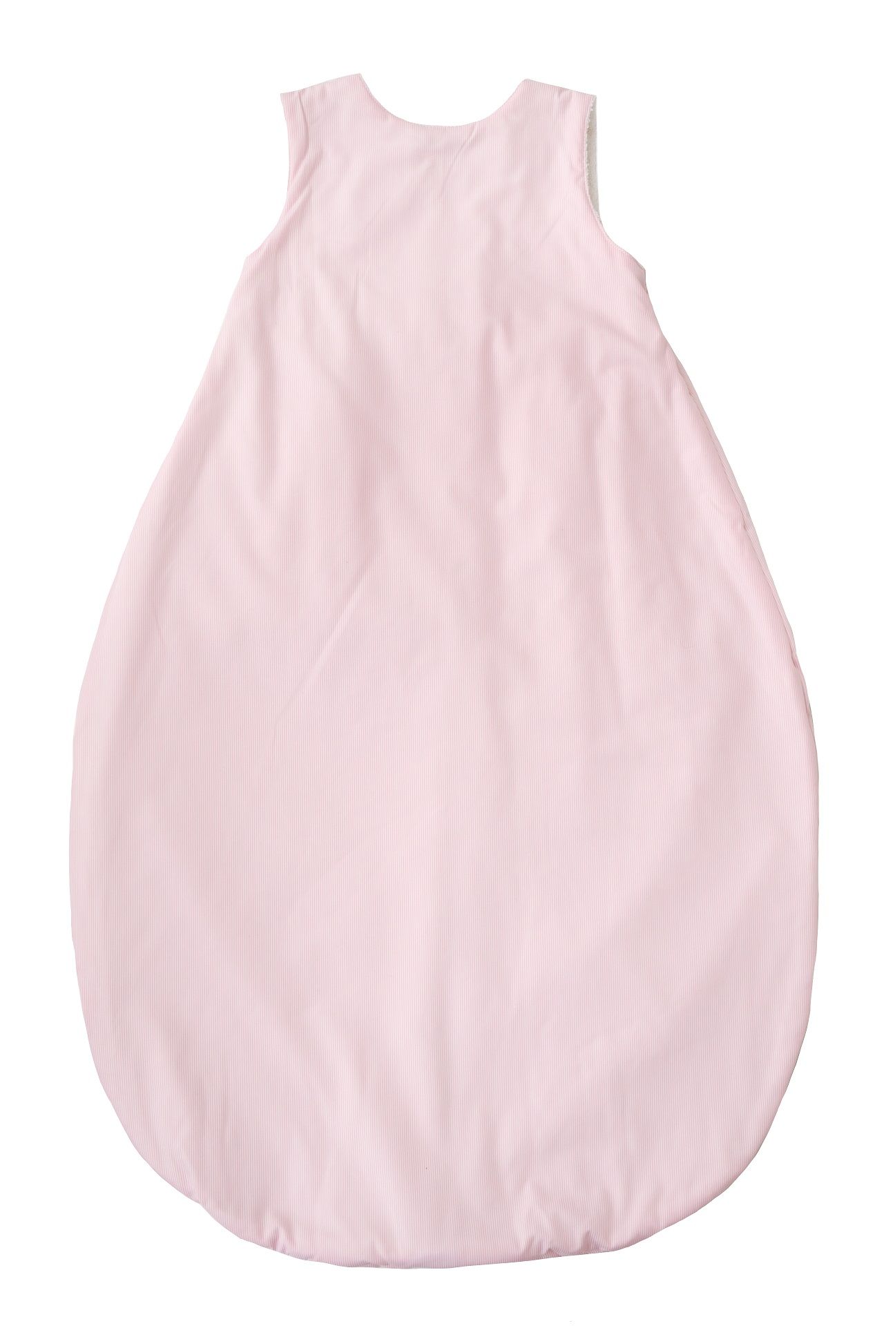 Vue arrière de la gigoteuse rose. Matière extérieure rayée. Sans manches, extrémité arrondie.