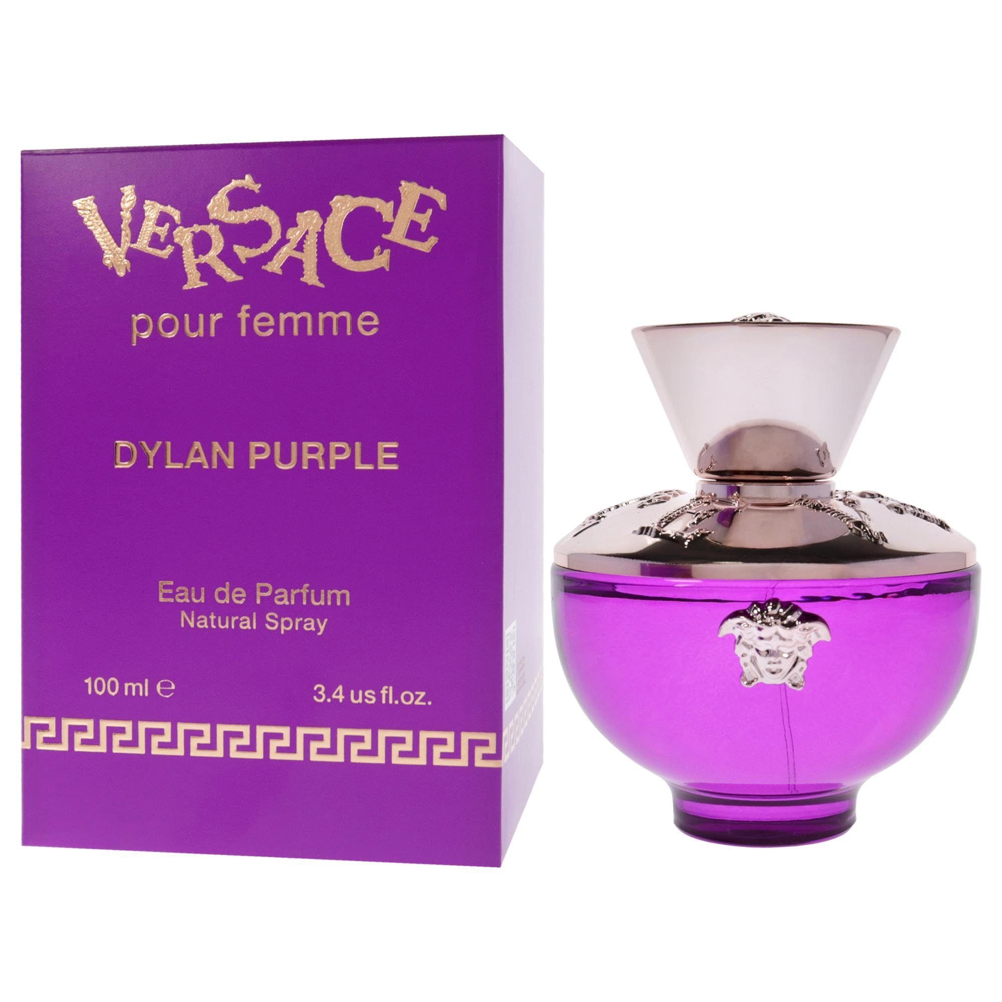 Paarse fles en doos. Gouden dop. Opschrift: Versace Pour Femme Dylan Purple. 100 ml.