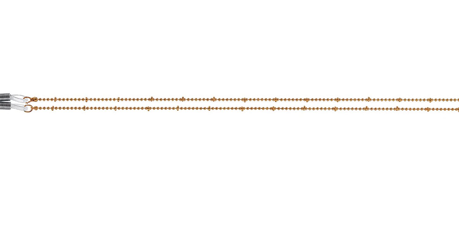 Gouden brillenkoord met bolletjes. Aan één uiteinde een transparante siliconen lus.