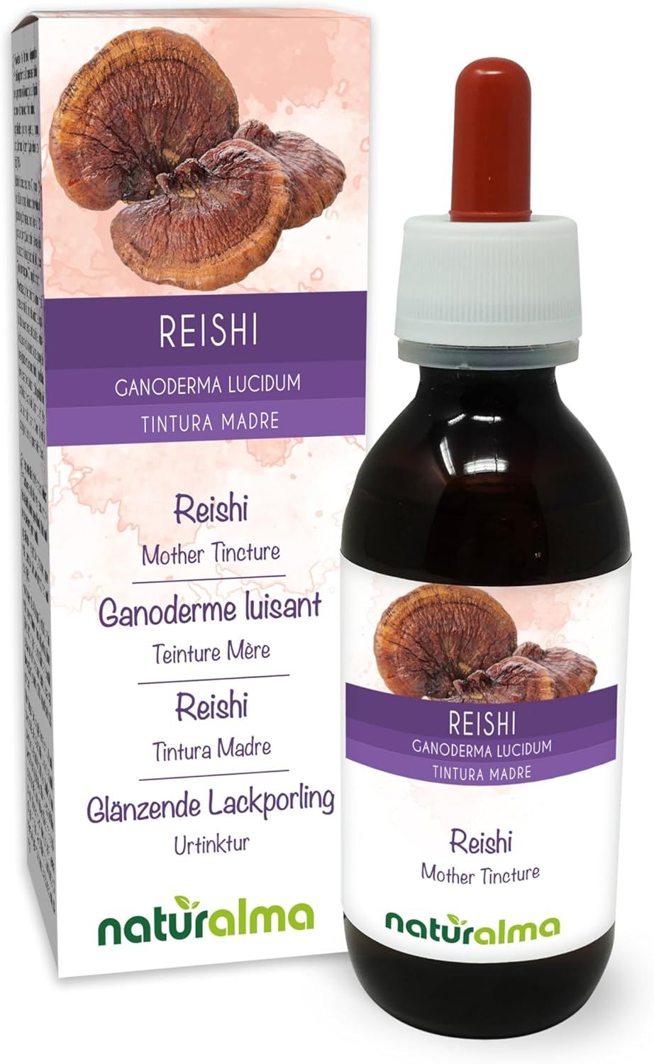 Emballage du produit avec flacon et boîte. Flacon avec pipette rouge. Texte : Reishi, Ganoderma lucidum, teinture mère.