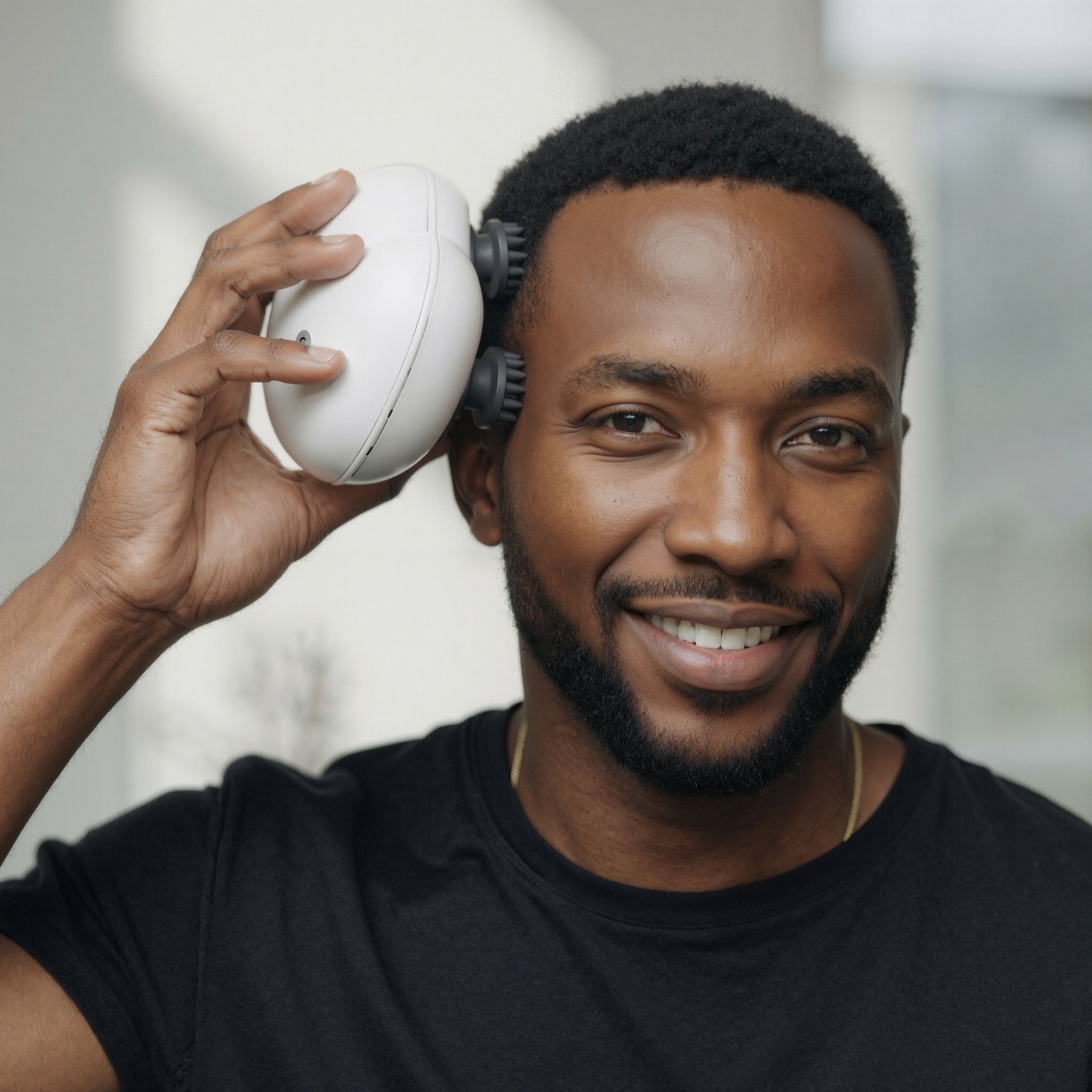 Homme tenant un masseur corporel blanc sur sa tempe. Masseur avec rouleaux noirs. L'homme sourit.