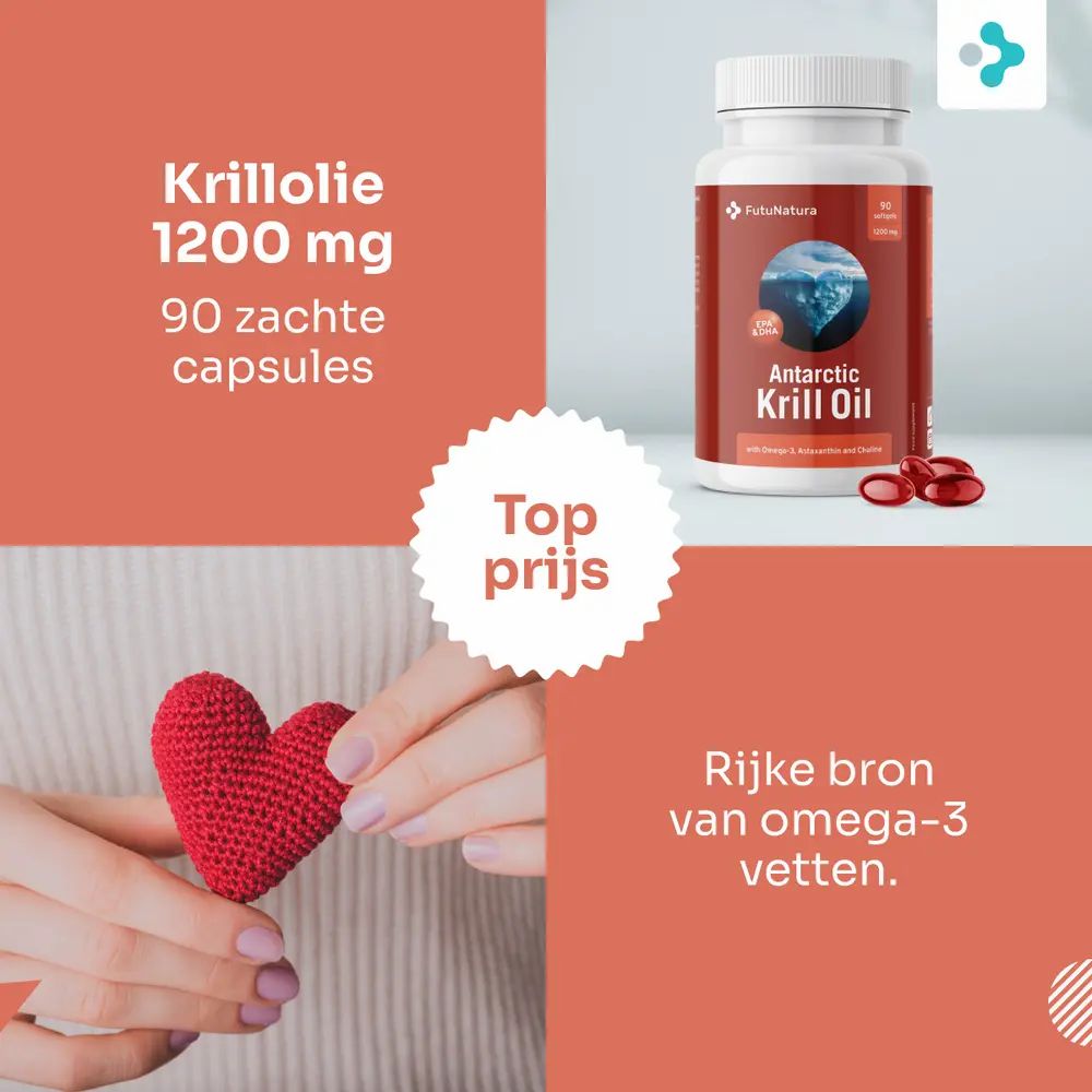 Persoon houdt een rood hart vast. Verpakking krillolie met rode capsule. Opschrift: Krillolie 1200 mg, 90 zachte capsules.