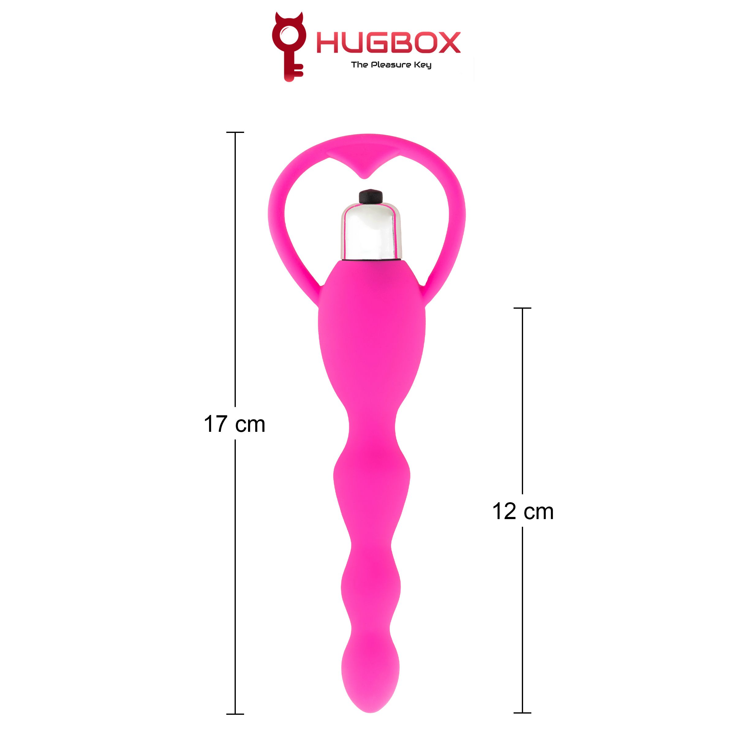 Vibrateur rose avec tige ondulée et poignée en forme de cœur. Dimensions : 17 cm et 12 cm. Logo HUGBOX.