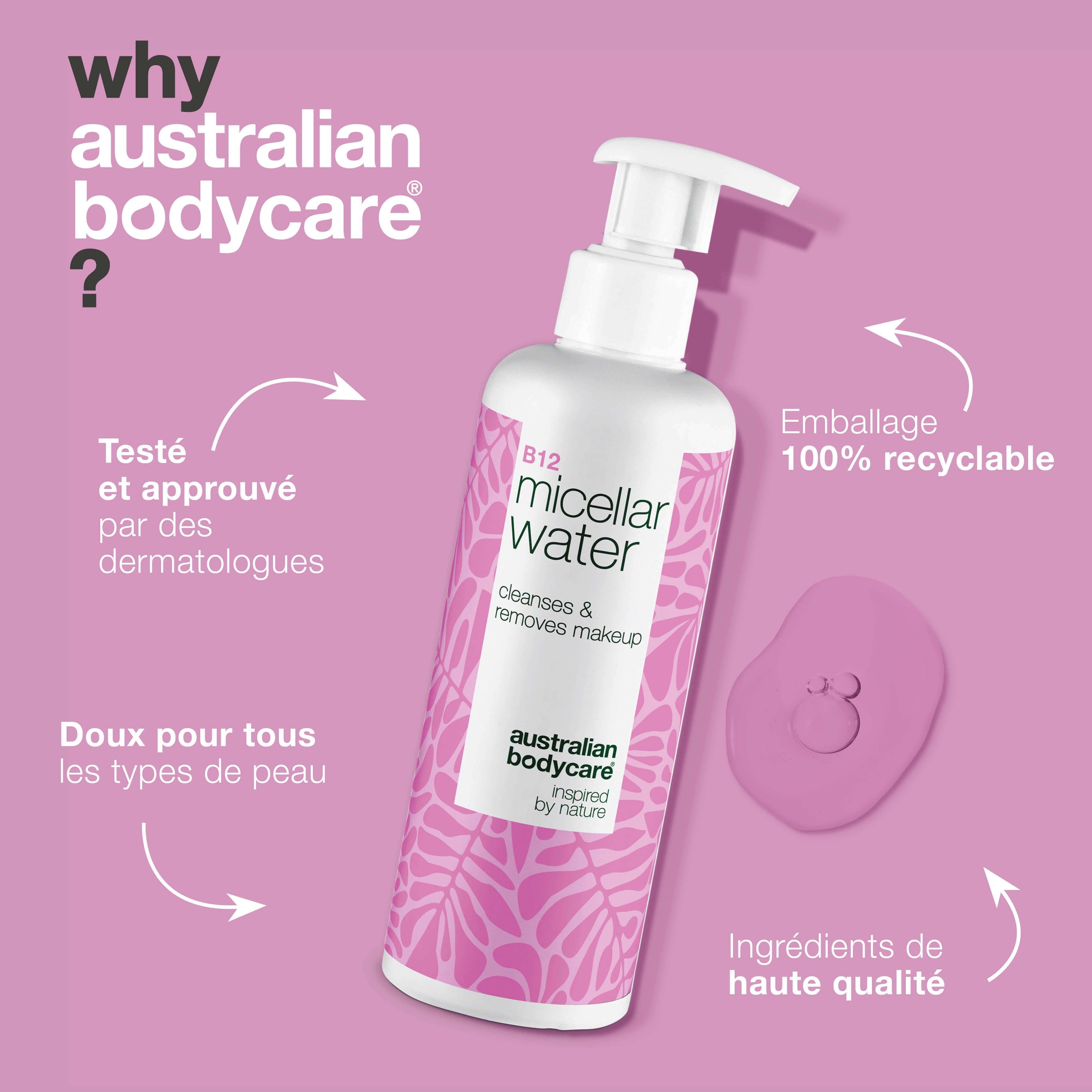 Flacon B12 Micellar Water. Texte : Testé par dermatos, tous types de peau, emballage recyclable. Marque.