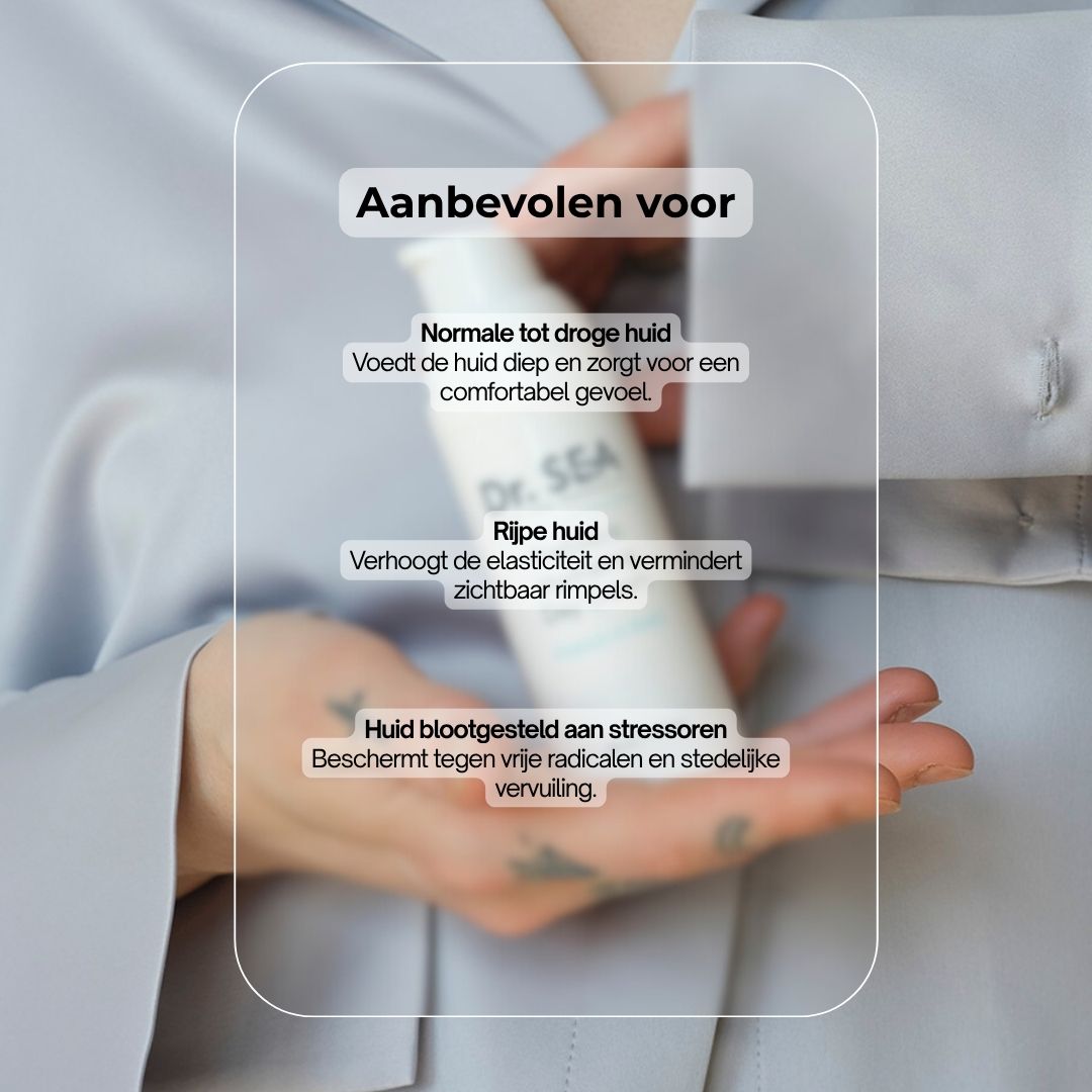 Witte fles met pomp. Opschrift: Dr. SEA, Prebiotic Hydrating Day Cream. Tekst met ingrediënten en voordelen.