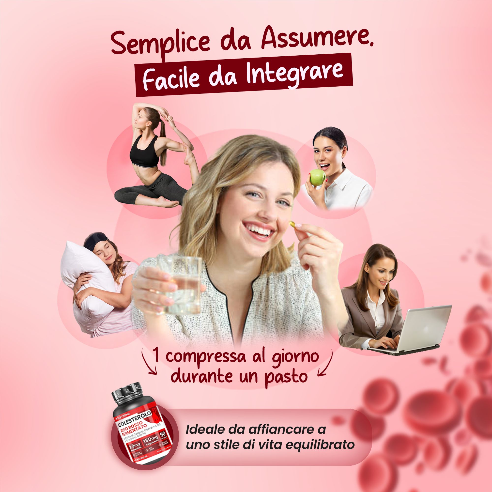 Vitastrong Cholesterin, 90 tabletten. Zwarte fles, rood etiket. Vrouwen nemen tabletten.