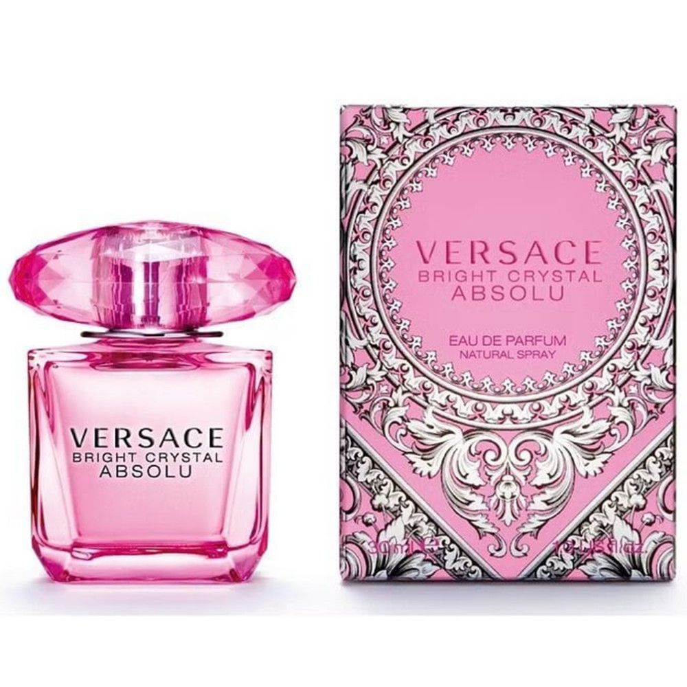 Flacon et boîte roses. Inscription: Versace Bright Crystal Absolu. Eau de Parfum Natural Spray.
