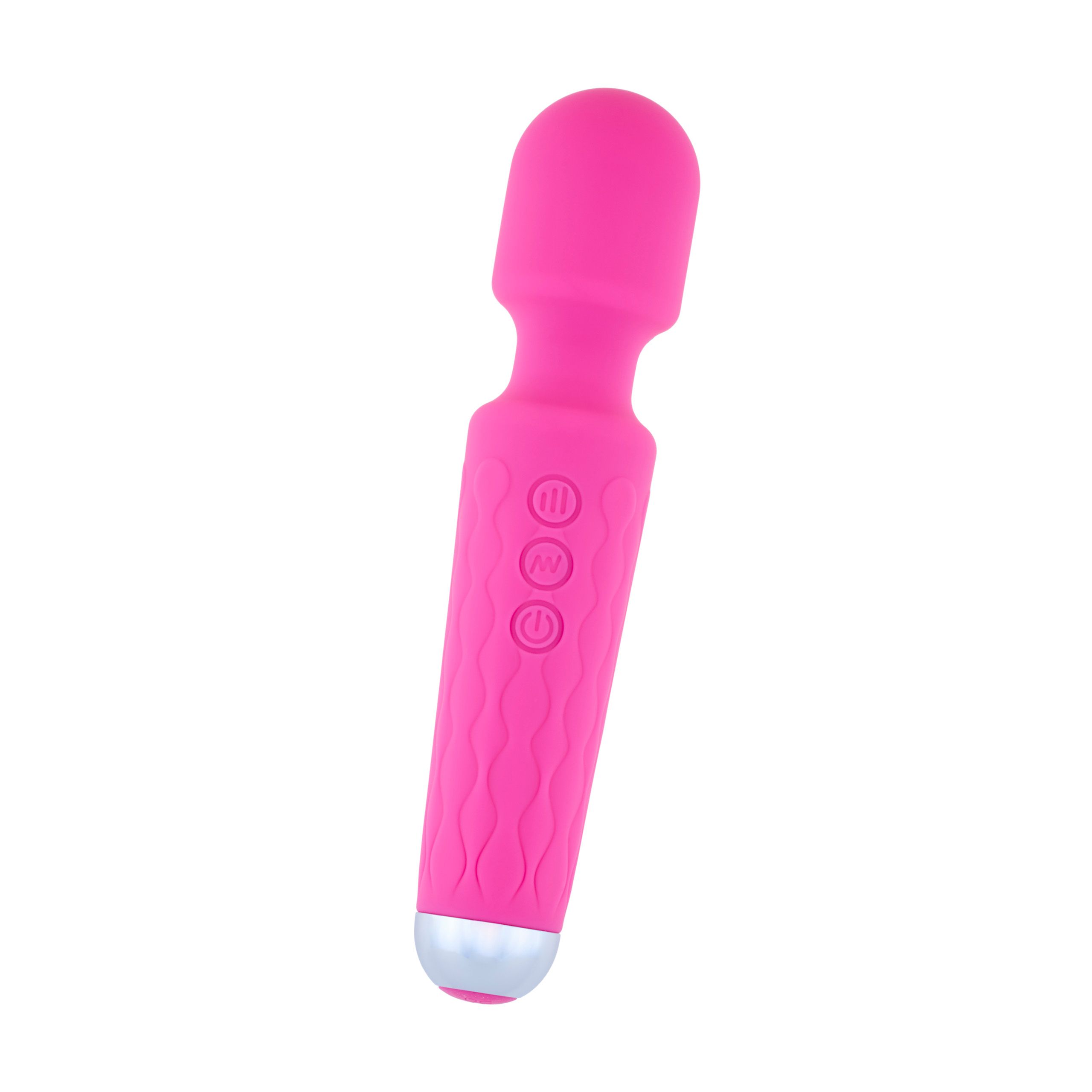 Vibrateur rose avec texture ondulée sur la poignée. Embout argenté et trois boutons. Partie supérieure ronde.