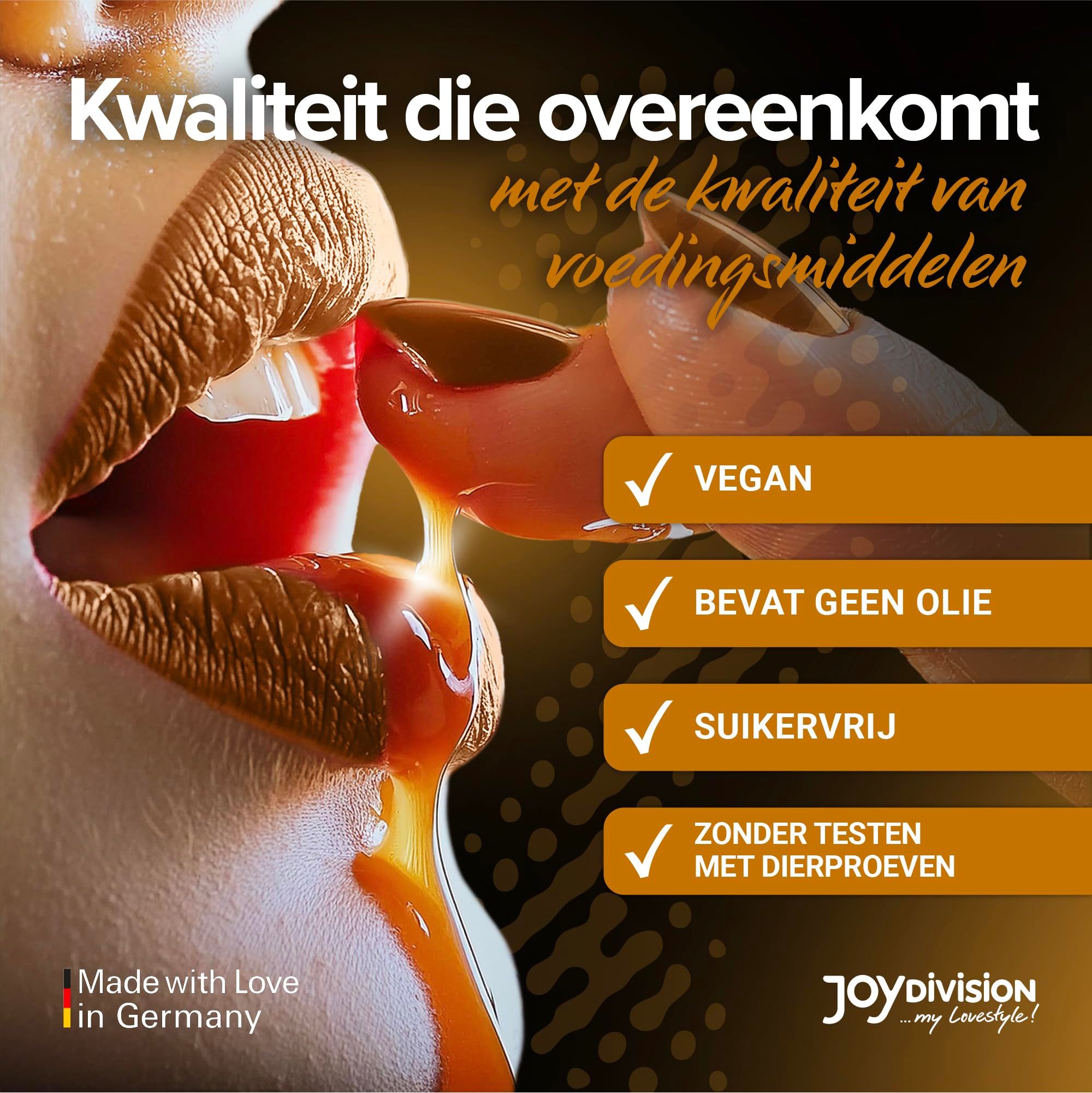 Fles karamel massageolie, met afbeelding van karamelstukjes en tekst.