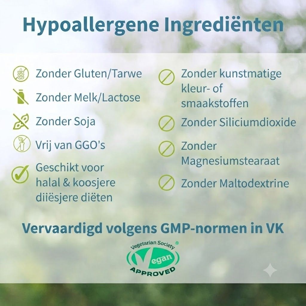 Lijst hypoallergene ingrediënten: Zonder gluten/tarwe, melk/lactose, soja, GGO's. Geschikt voor halal & koosjere diëten. Zonder kunstmatige kleur-/smaakstoffen, siliciumdioxide, magnesiumstearaat, maltodextrine. Vervaardigd volgens GMP-normen.