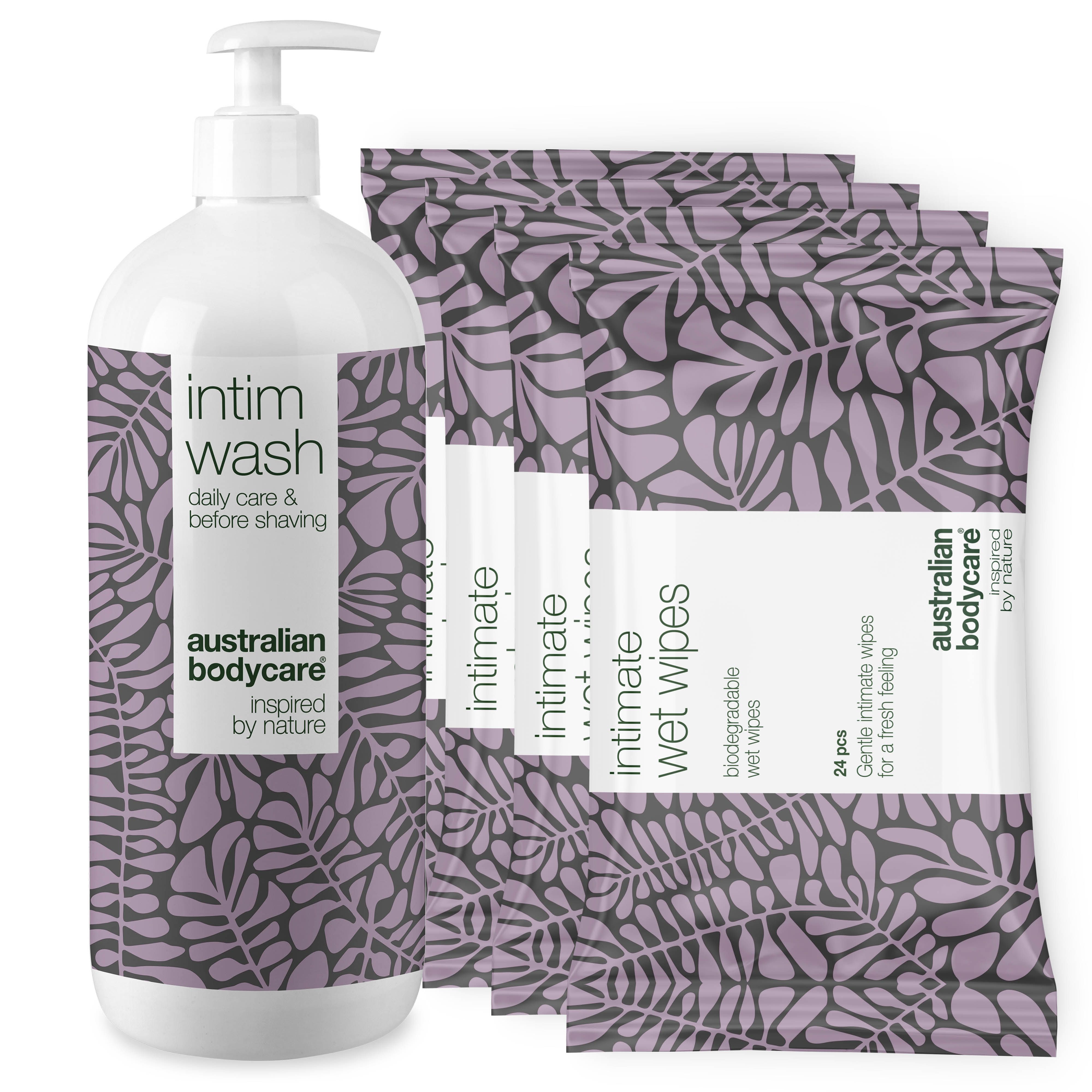 Fles en pakjes intieme wasgel en doekjes. Paars patroon. Witte dispenser. Australian Bodycare.